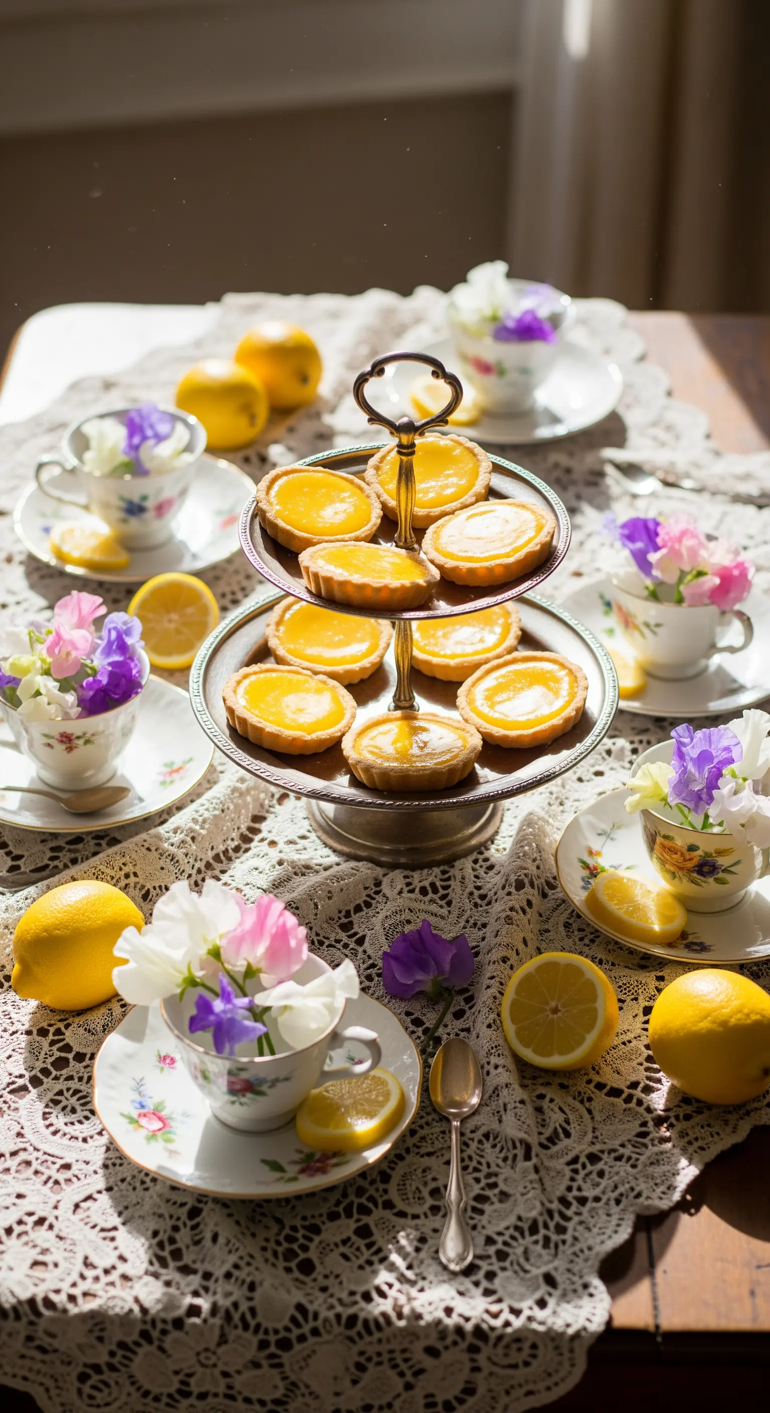Vintage Teetisch mit Etagere voller Zitronen-Tarts, Blumen in Teetassen und Spitzendecke