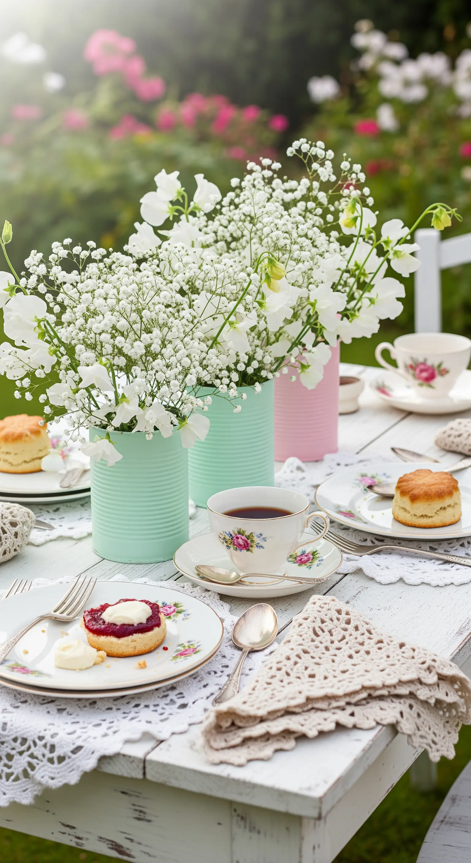 Vintage Teeparty mit Gänseblümchen in pastellfarbenen Dosen