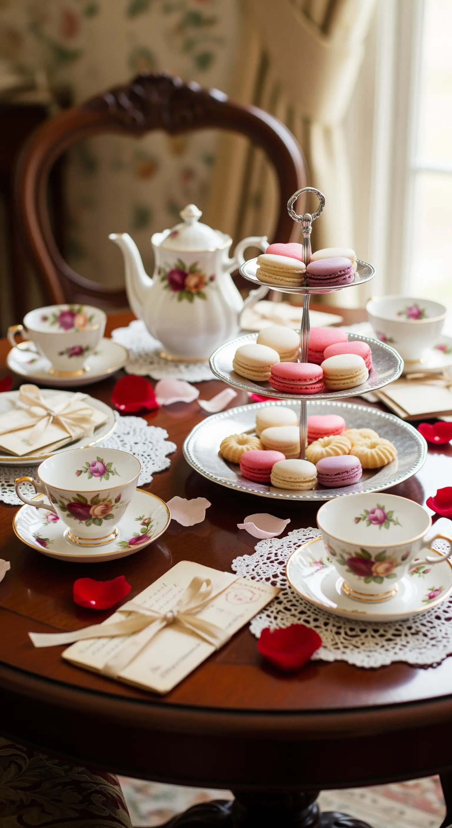 Vintage Teetisch mit Blumenservice, Etagere mit Macarons und roten Rosenblättern