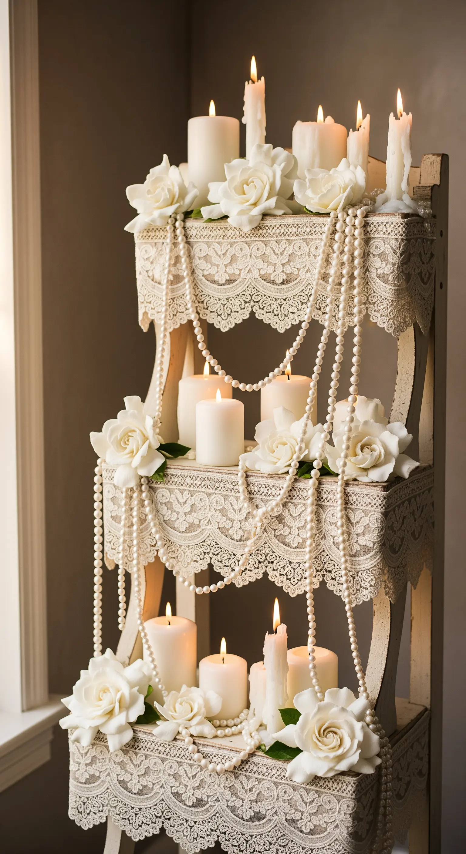 Vintage-Etagere mit Spitze, Perlenketten, weißen Kerzen und cremefarbenen Rosen.