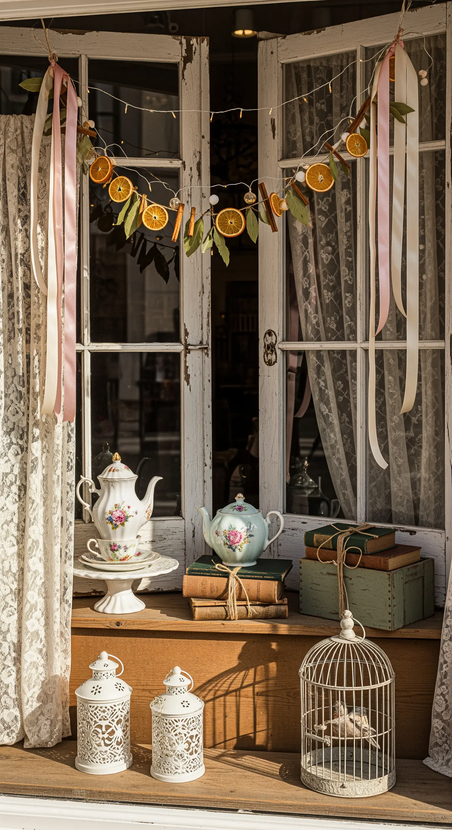 Fenster mit Girlande aus getrockneten Orangen, Zimt und Bändern, Teekannen und alten Büchern auf Fensterbank
