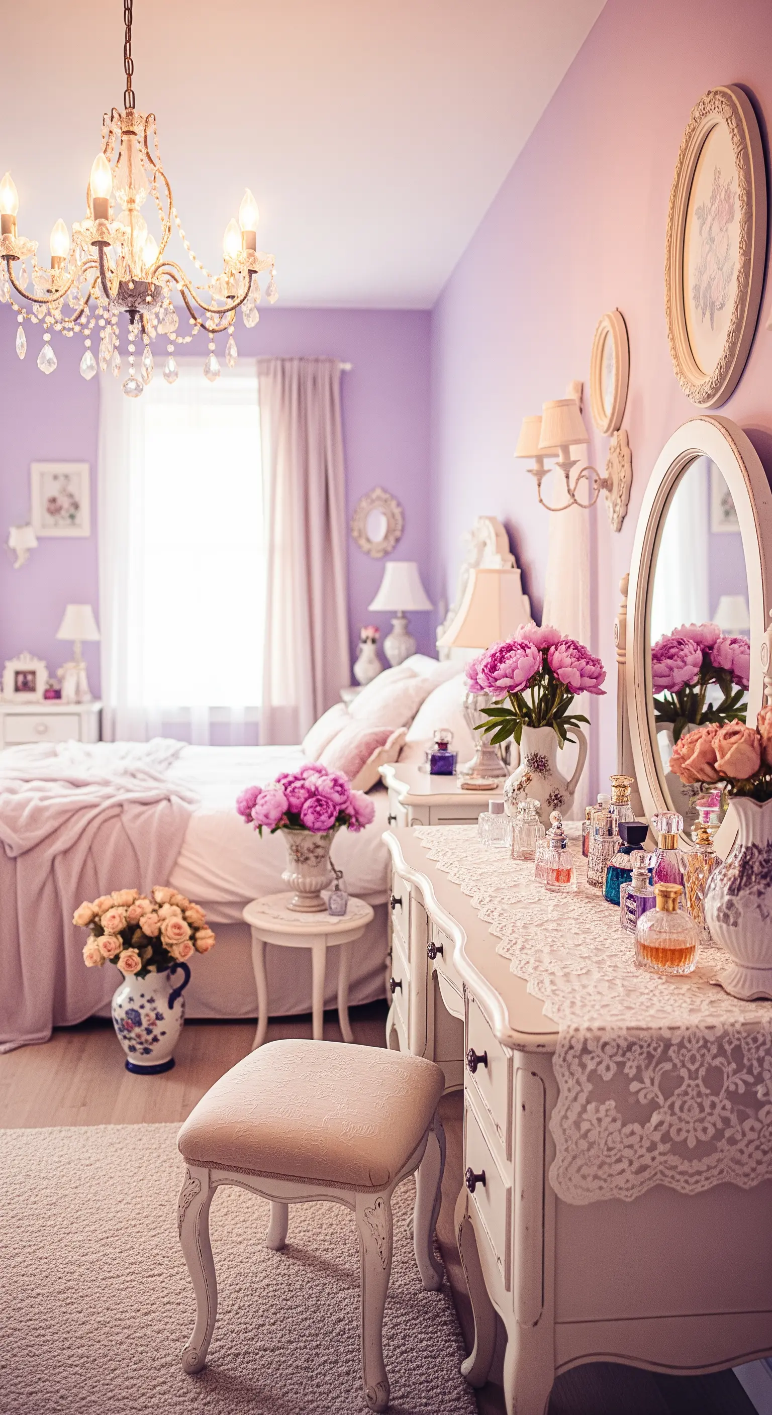 Vintage Schlafzimmer in Pastelllila mit Blumen und Kronleuchter