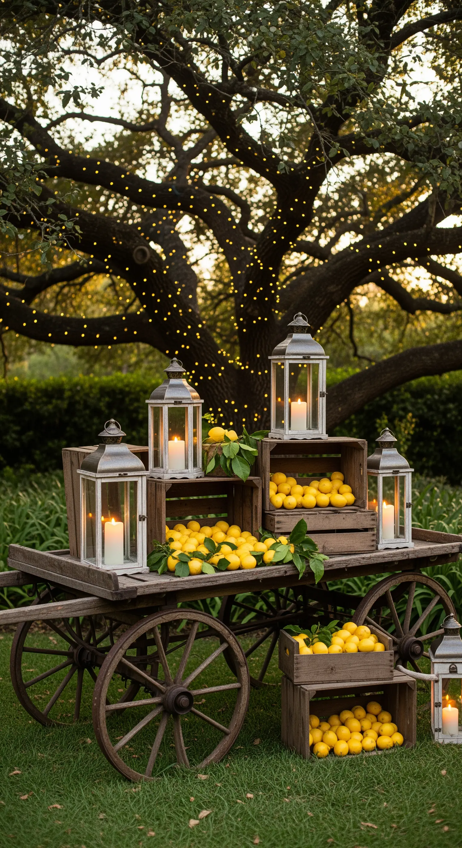 Holzwagen mit Zitronen in Holzkisten und Laternen, unter einem beleuchteten Baum
