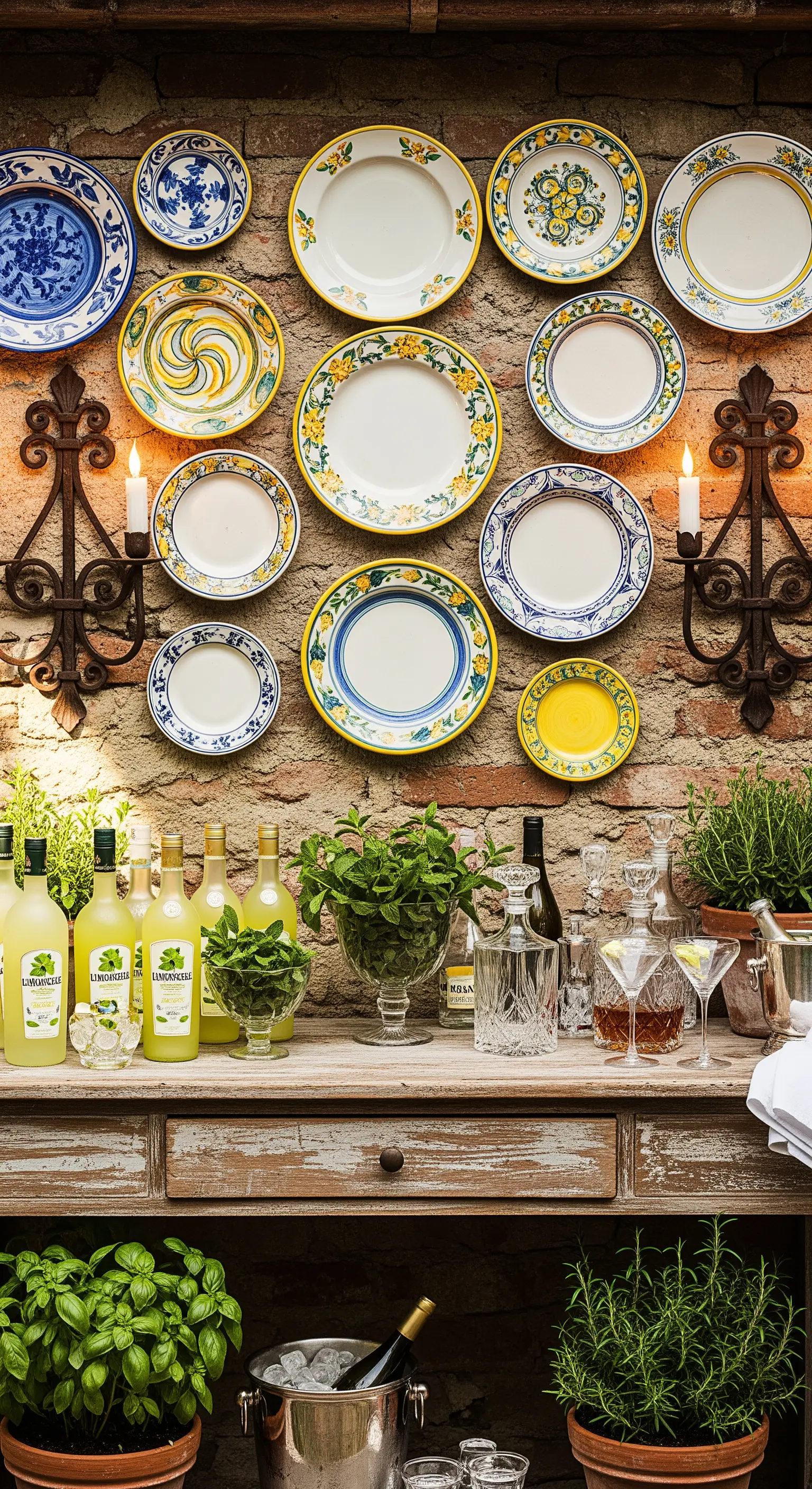 Ziegelwand mit Vintage-Tellern, Wandleuchtern, Sideboard mit Limoncello und Kräutern