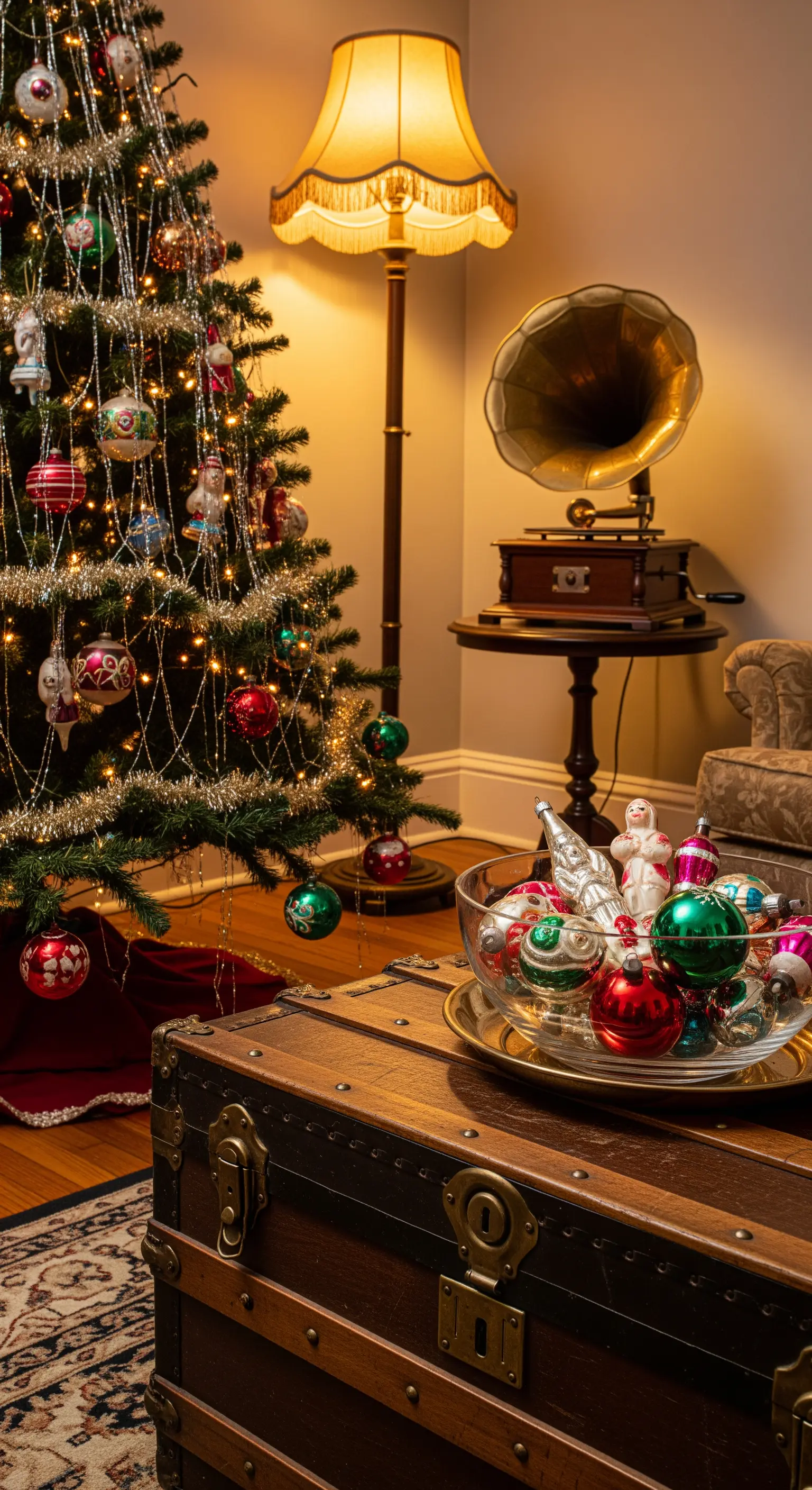 Vintage-Wohnzimmer mit klassisch geschmücktem Weihnachtsbaum, altem Reisekoffer und Grammophon.