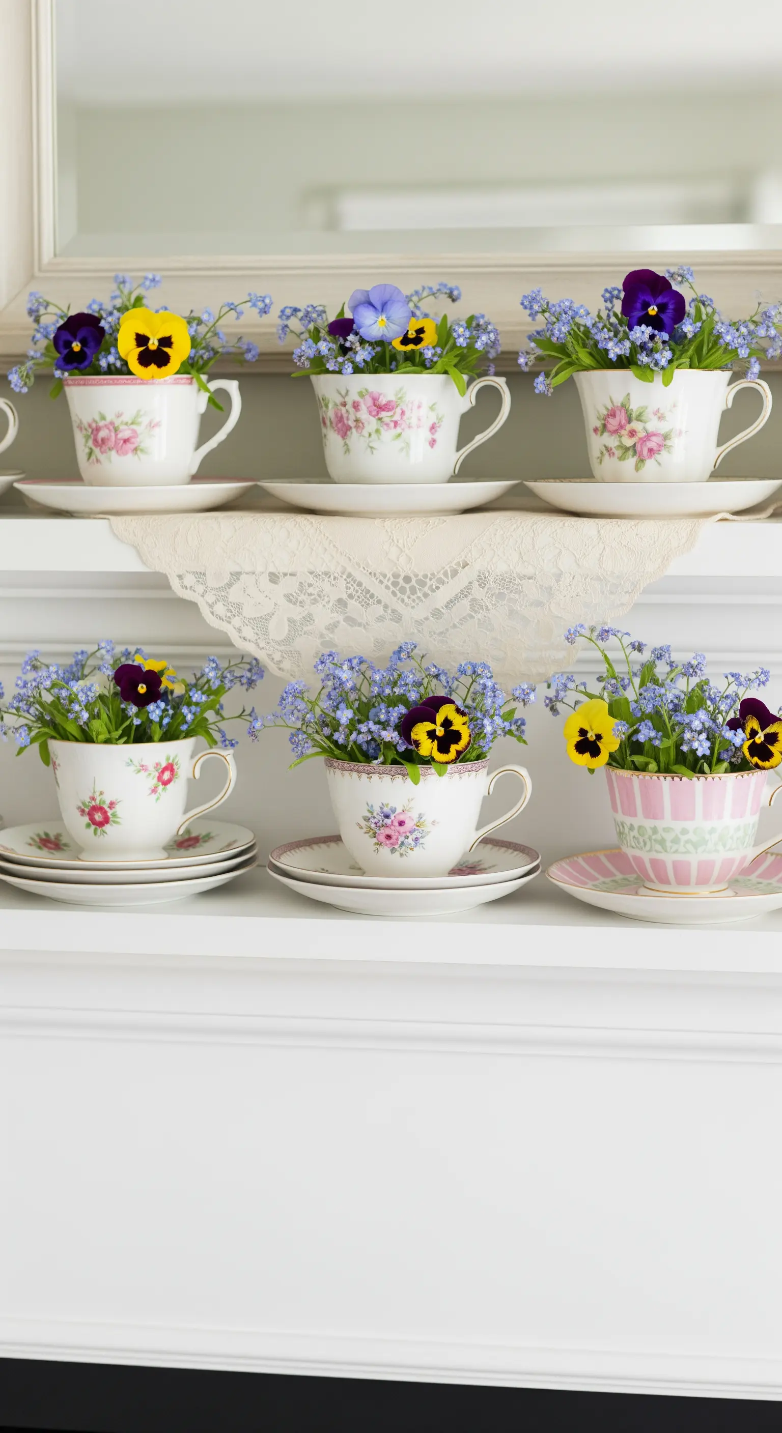 Vintage-Teetassen gefüllt mit Stiefmütterchen und Vergissmeinnicht als Deko.