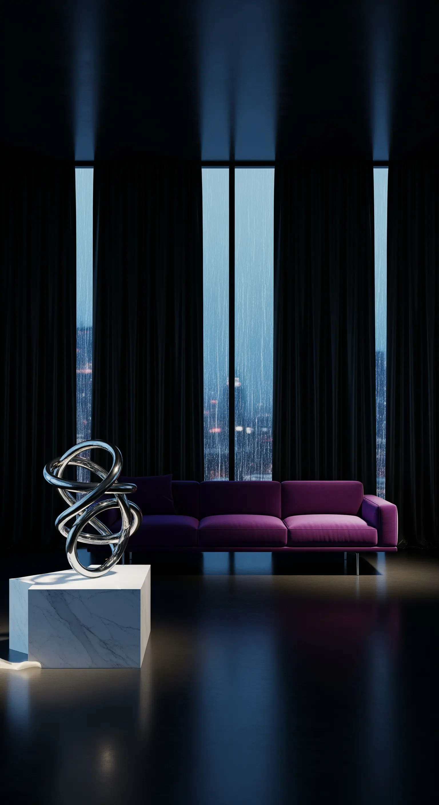 Dunkles Wohnzimmer mit violettem Sofa, hohen schwarzen Vorhängen und Metallskulptur