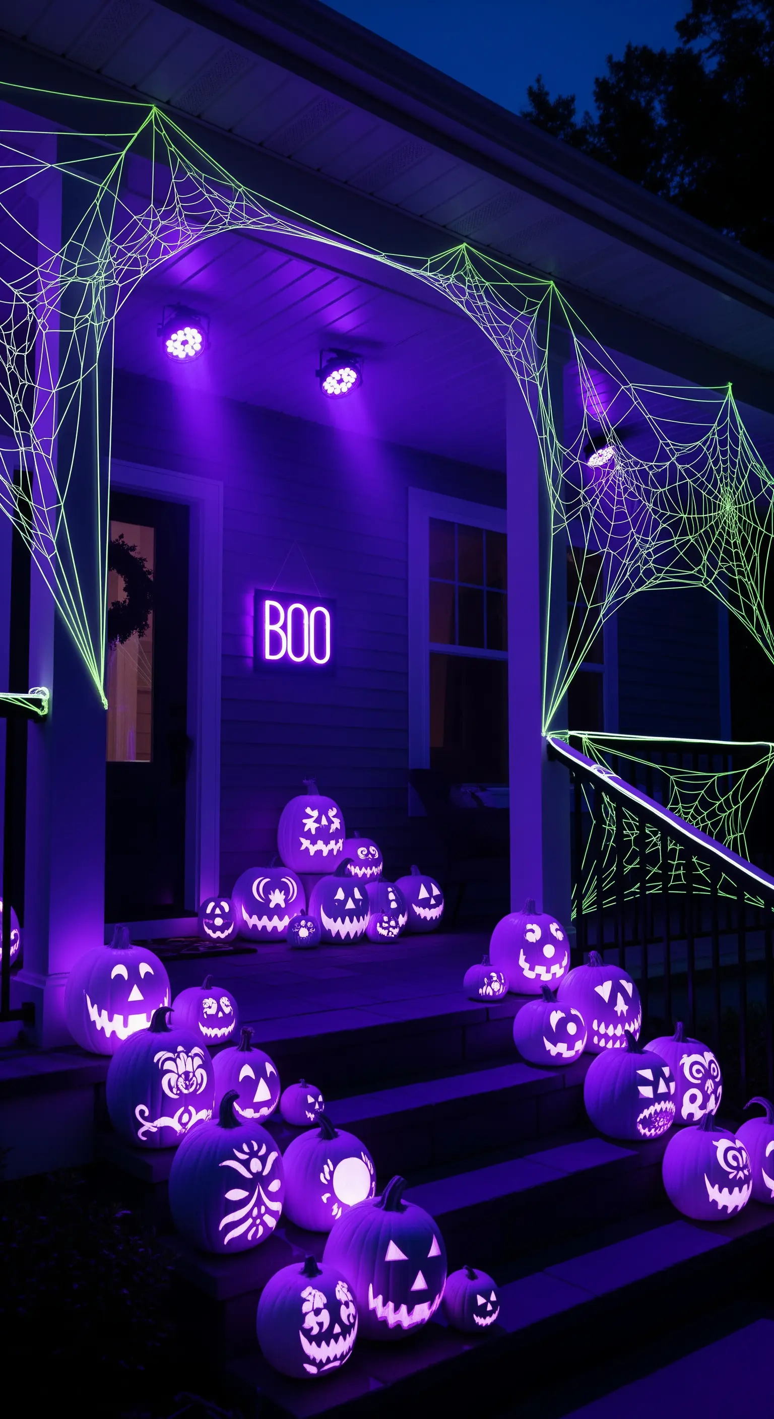 Violett leuchtende Kürbisse auf einer Treppe, kombiniert mit neonfarbenen Spinnennetzen und 'BOO'-Schild.