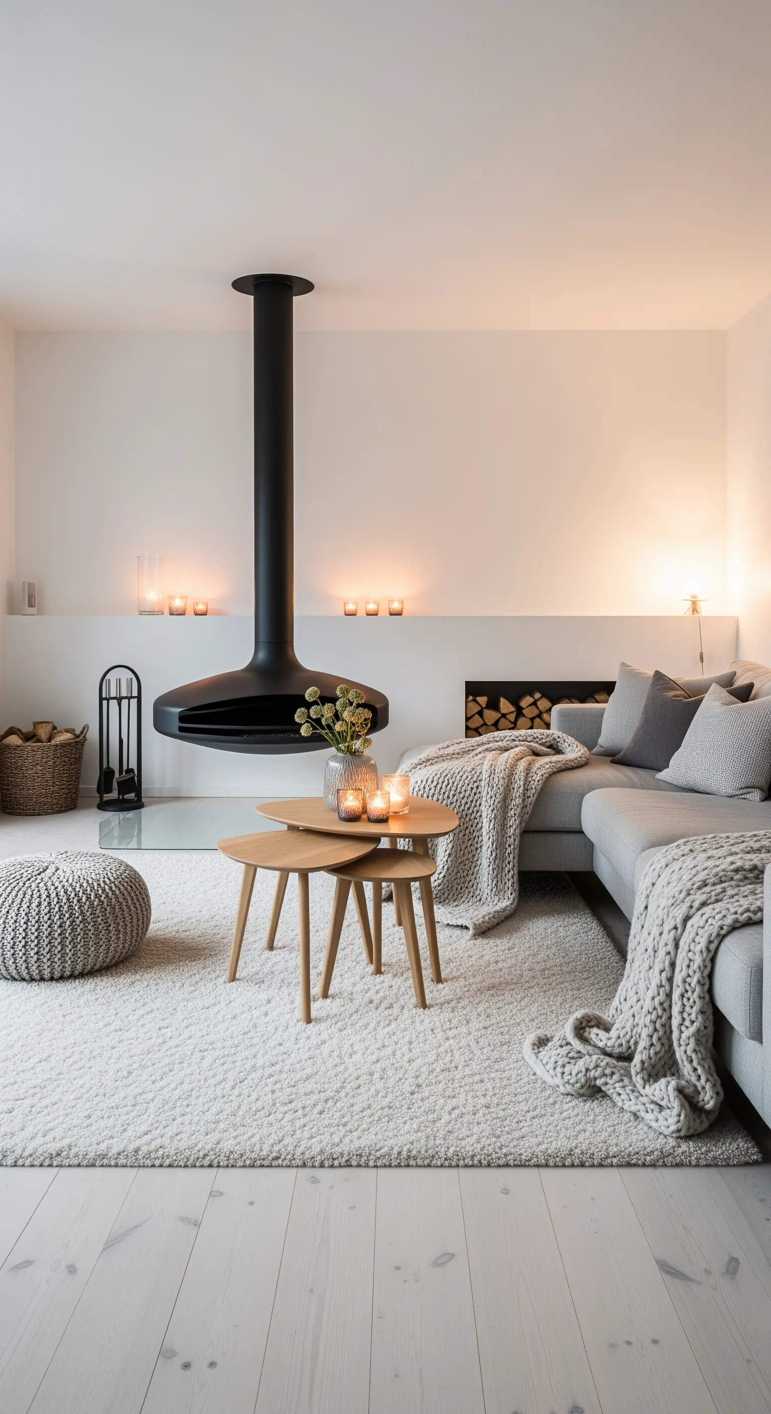 Modernes Wohnzimmer mit einem schwarzen, von der Decke hängenden Kamin über einem hellen Teppich.