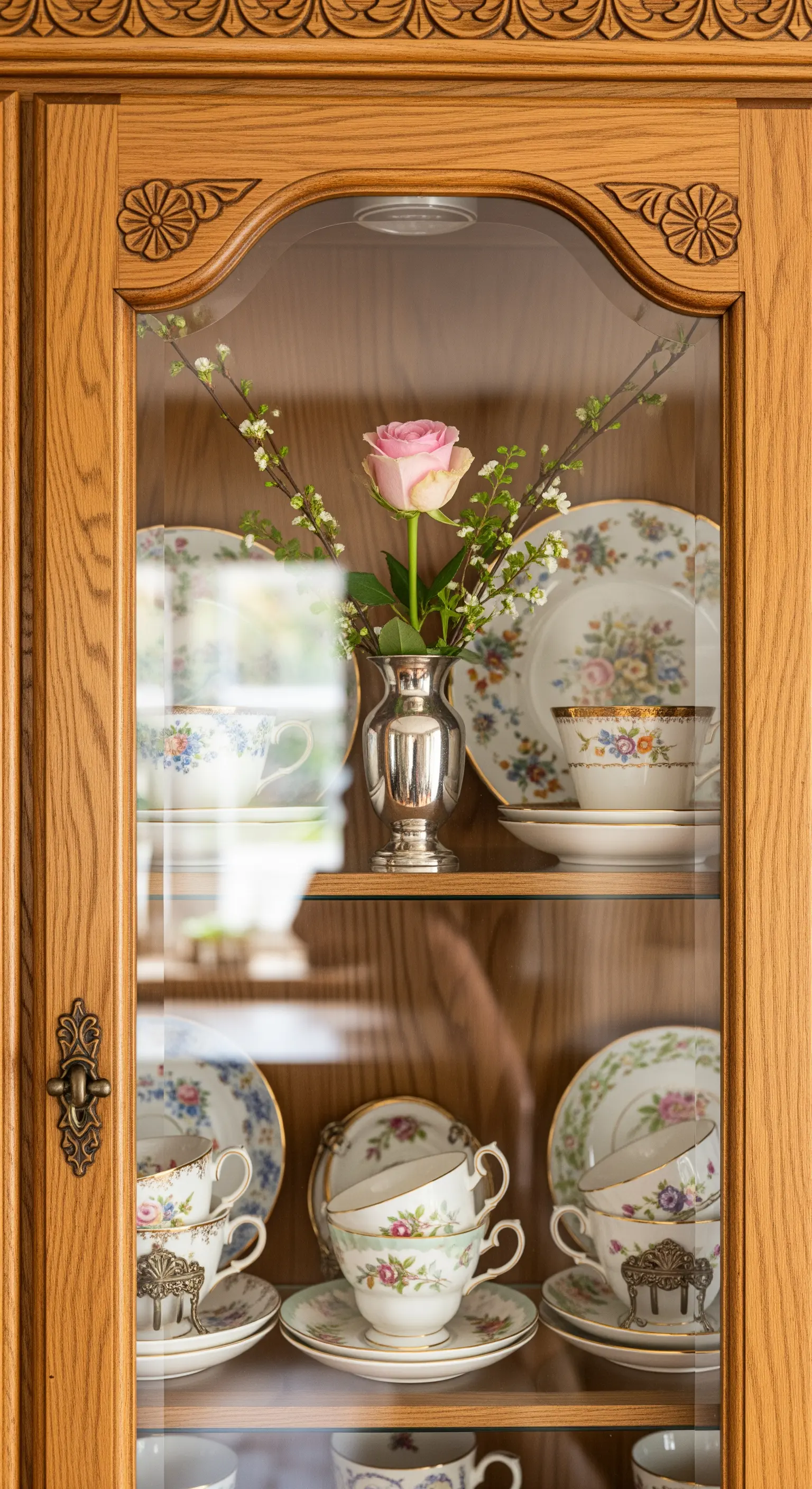Rose und Zweige in Silbervase in Vitrine mit Porzellan