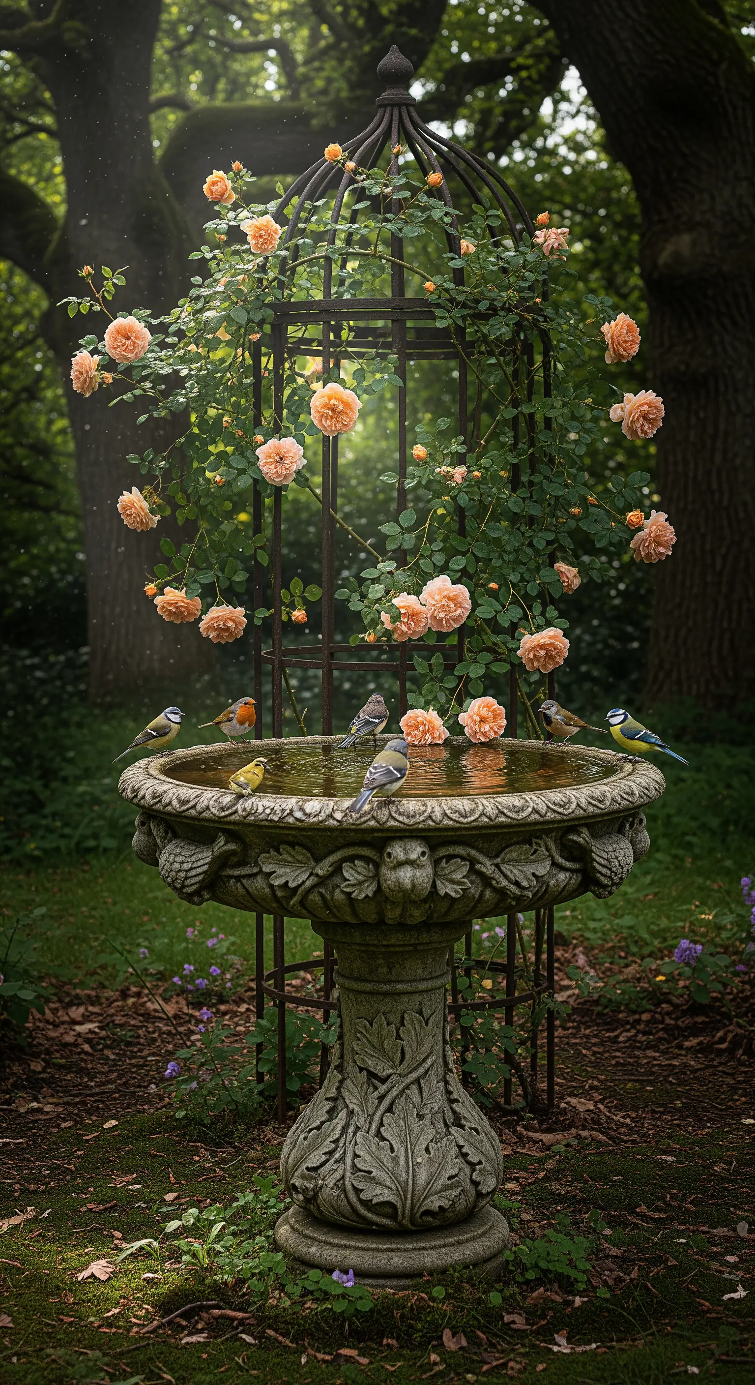 Vogelbad, Kletterrosen, Pfirsichrosen, Wildtiere, Gartendeko