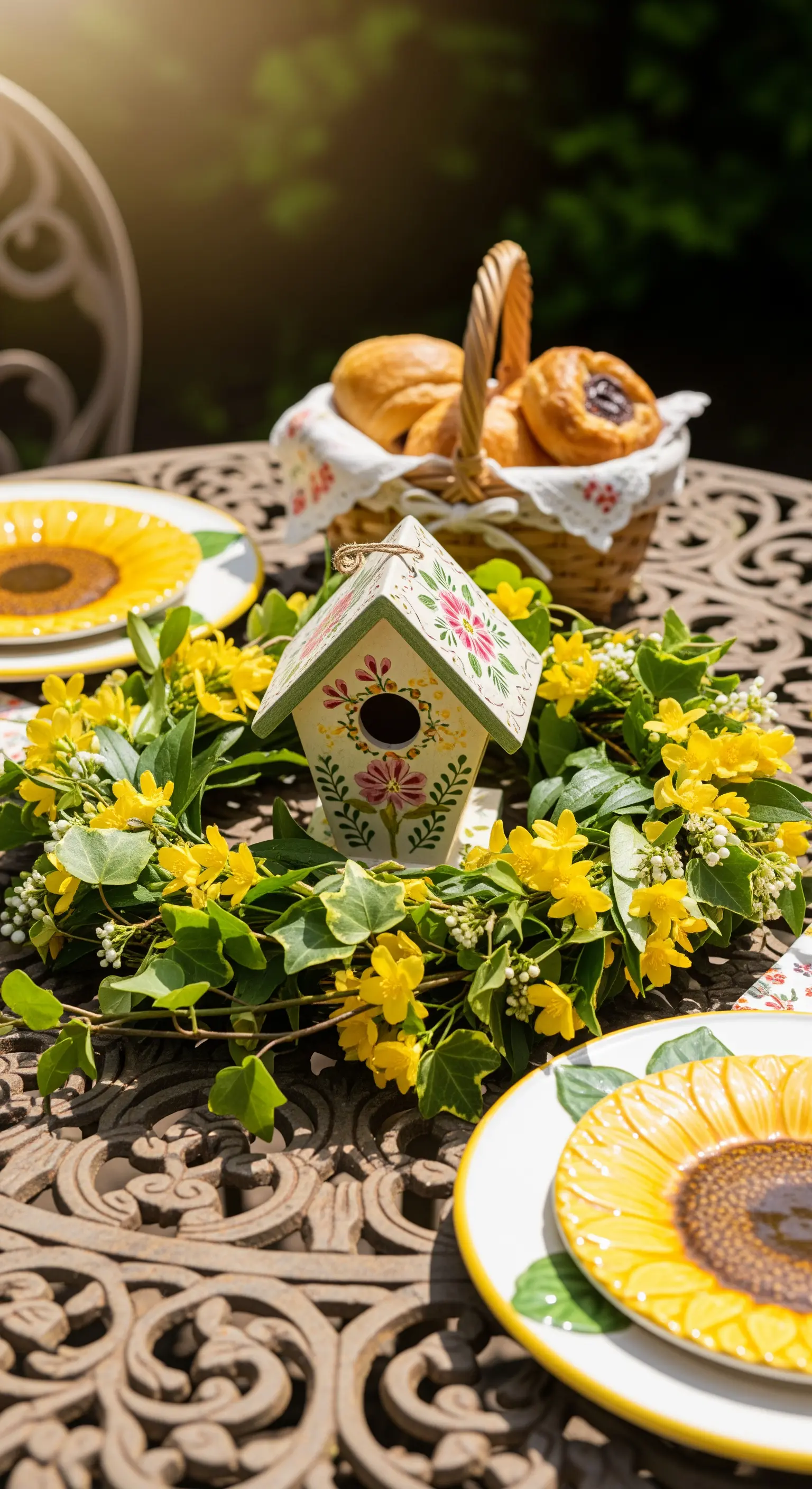 Vogelhaus in einem Blumenkranz auf dem Gartentisch
