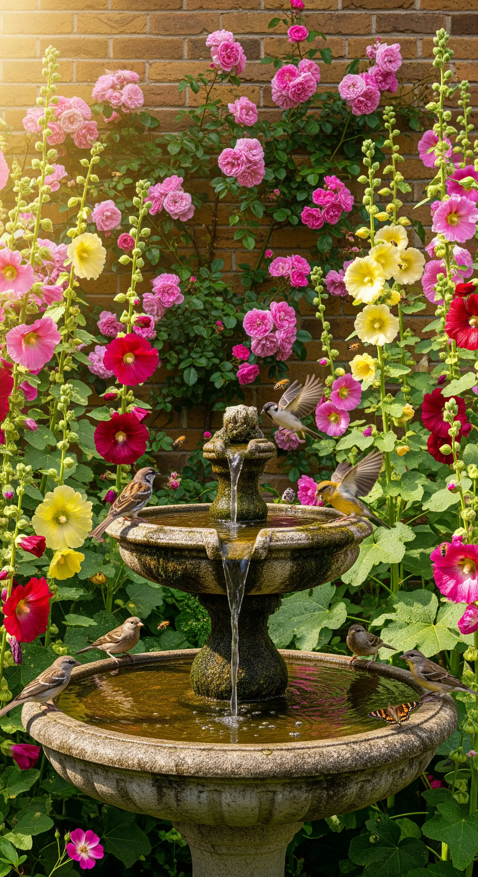 Mehrstufiger Brunnen als Vogeltränke, umgeben von bunten Stockrosen und Kletterrosen
