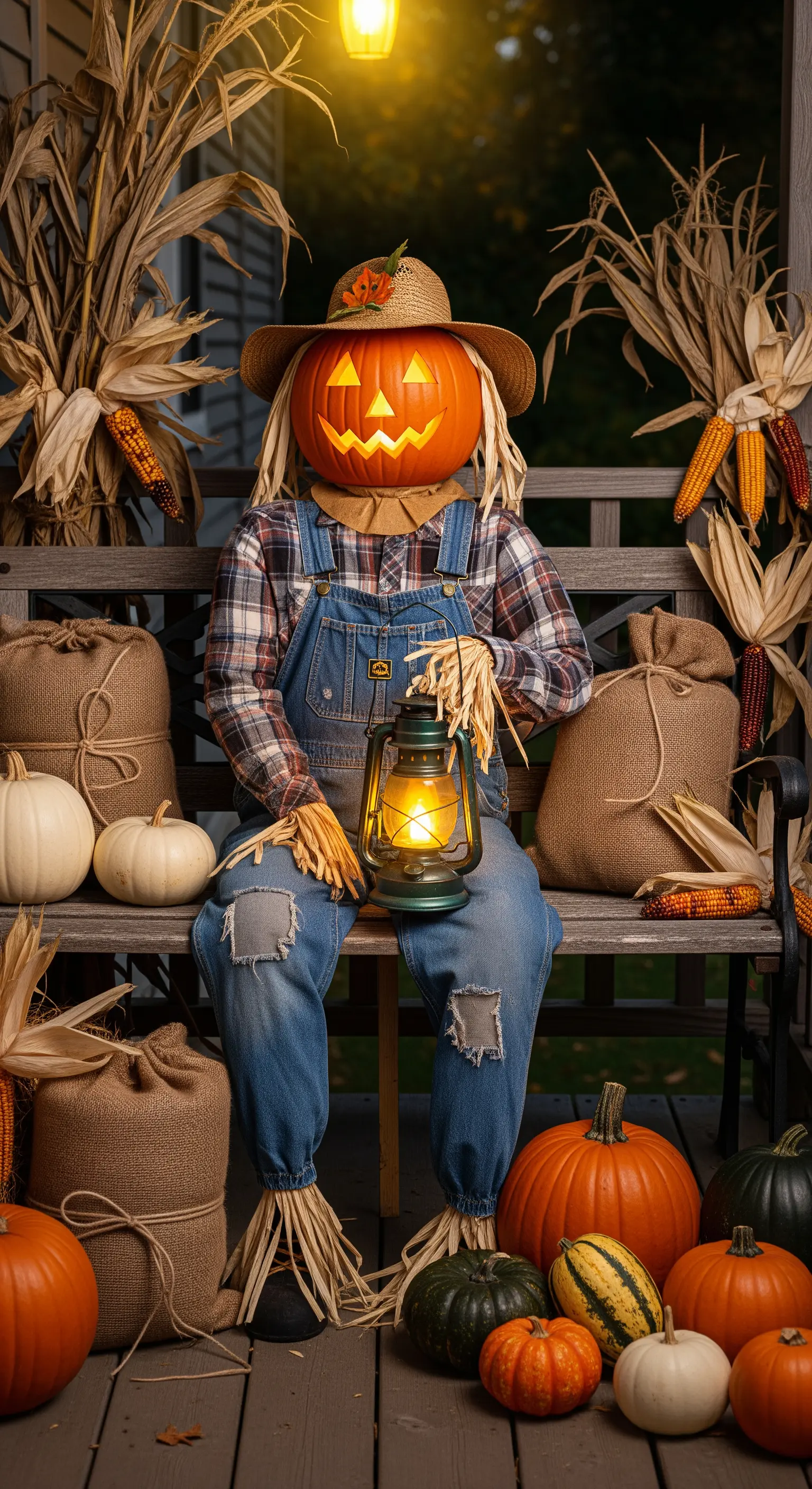 Vogelscheuche mit Kürbiskopf sitzt auf einer Bank, umgeben von Kürbissen, Mais und Jutensäcken.