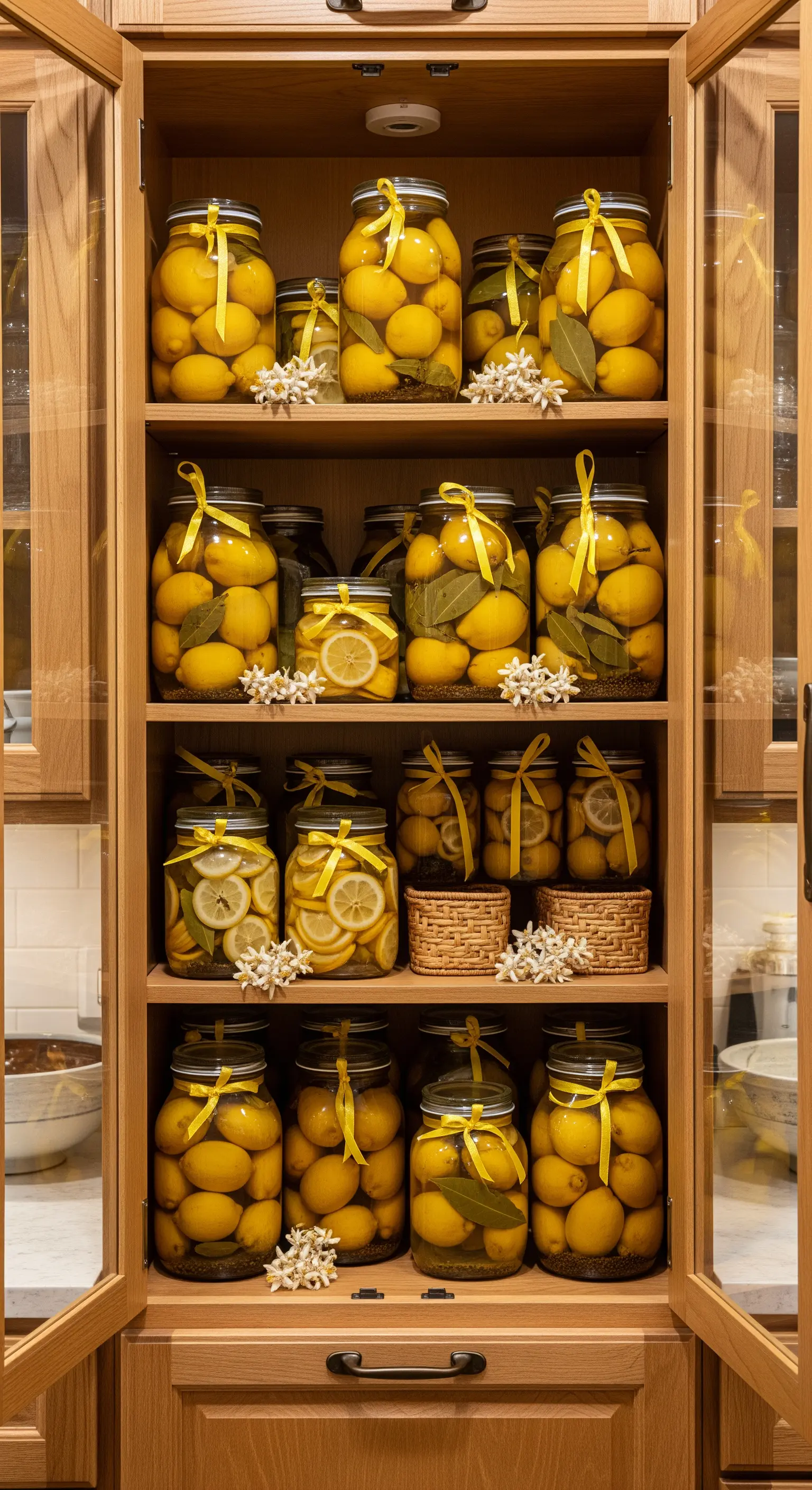 Holzschrank mit Gläsern voller eingelegter Zitronen und Bändern