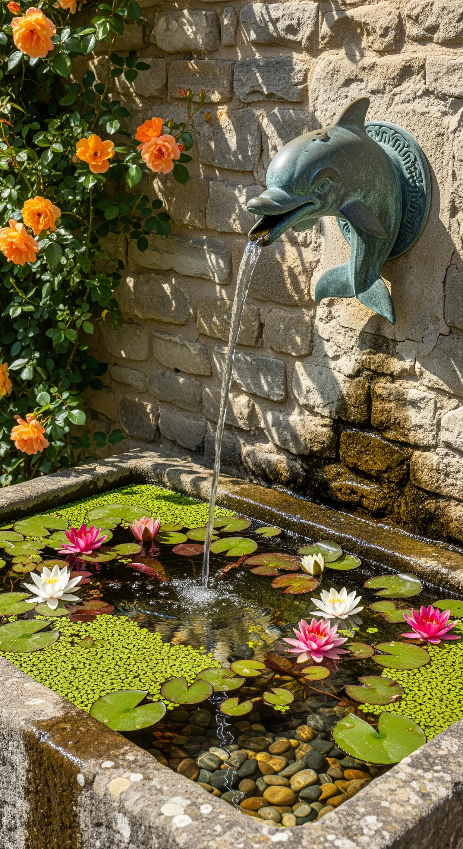 Delfin-Wandbrunnen an Steinmauer, umgeben von Seerosen und orangefarbenen Rosen