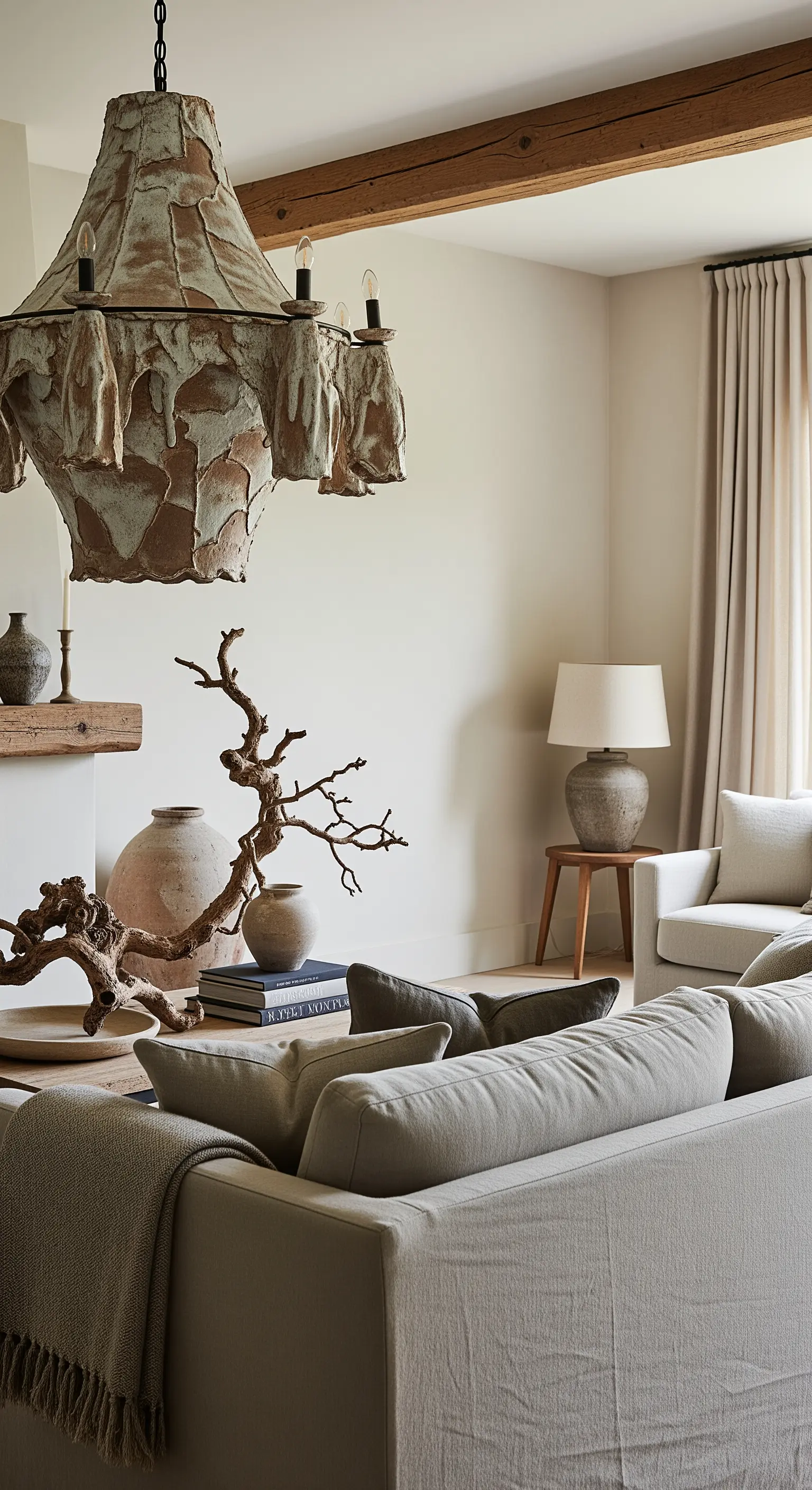 Rustikaler Kronleuchter aus unregelmäßiger Keramik in einem beigefarbenen Wabi-Sabi-Wohnzimmer.