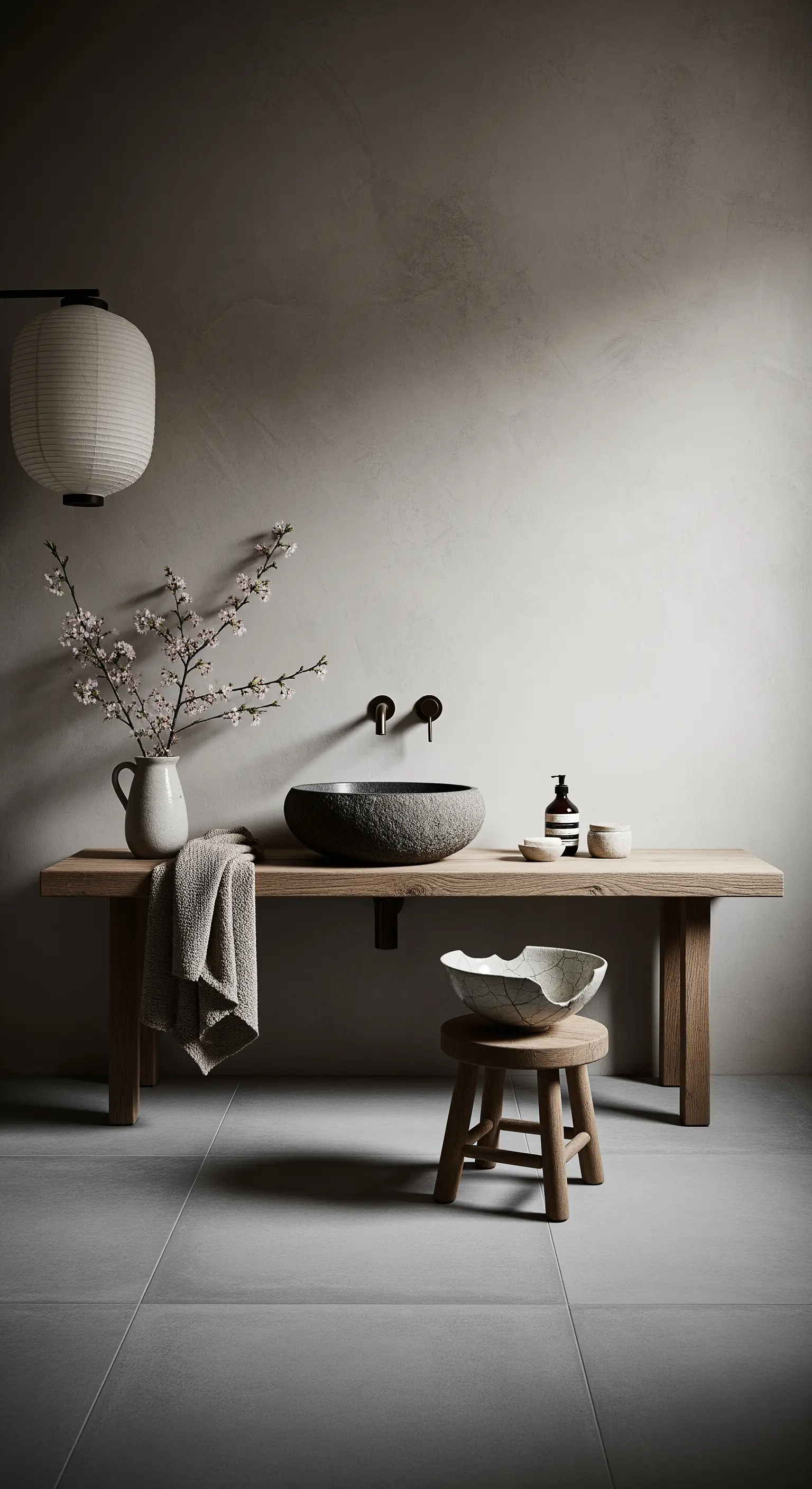 Minimalistisches Wabi-Sabi-Badezimmer mit Steinwaschbecken und Kirschblütenzweig.