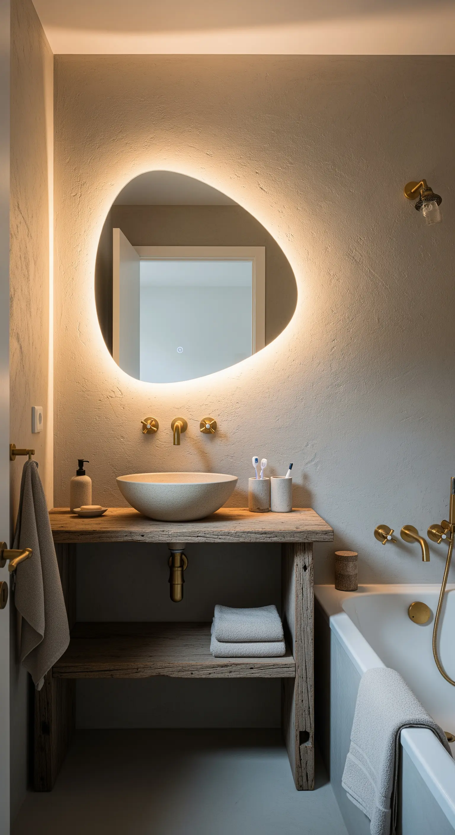 Organisch geformter LED-Spiegel über einem rustikalen Holztisch in einem Bad mit Putzwänden.