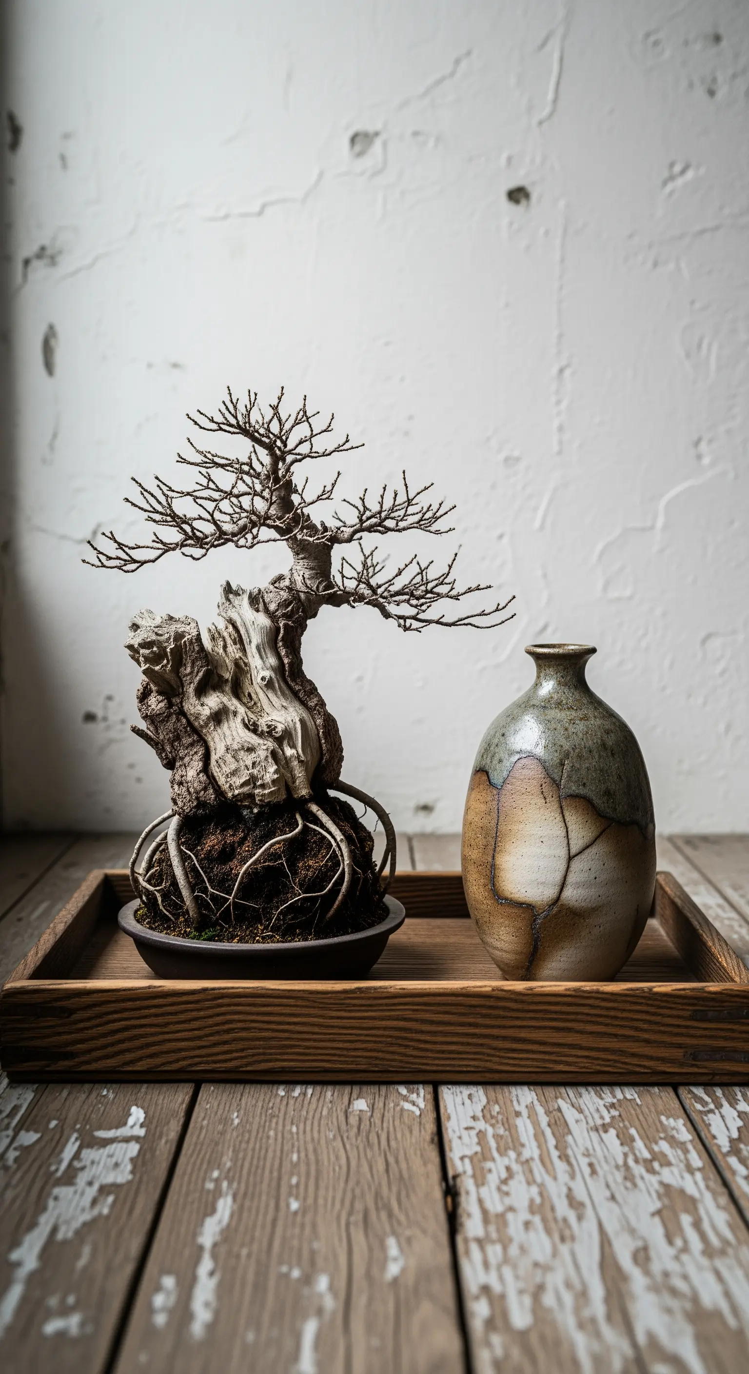 Naturbelassener Bonsai und rustikale Keramikvase auf Holztablett