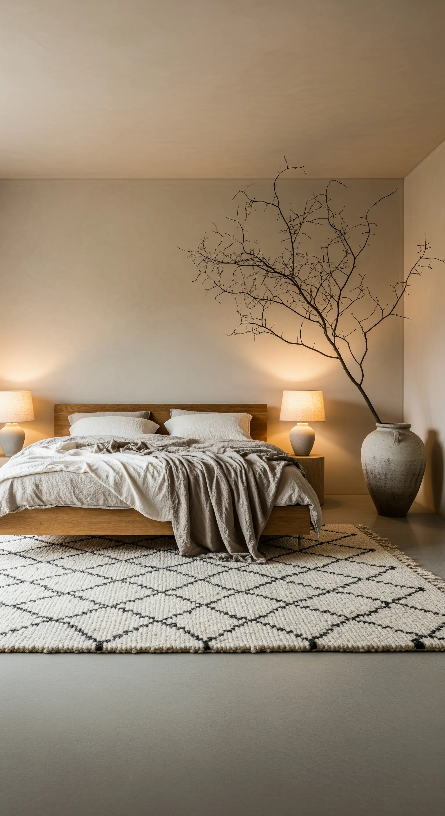 Minimalistisches beiges Schlafzimmer mit einem großen trockenen Ast in einer Vase als Deko.