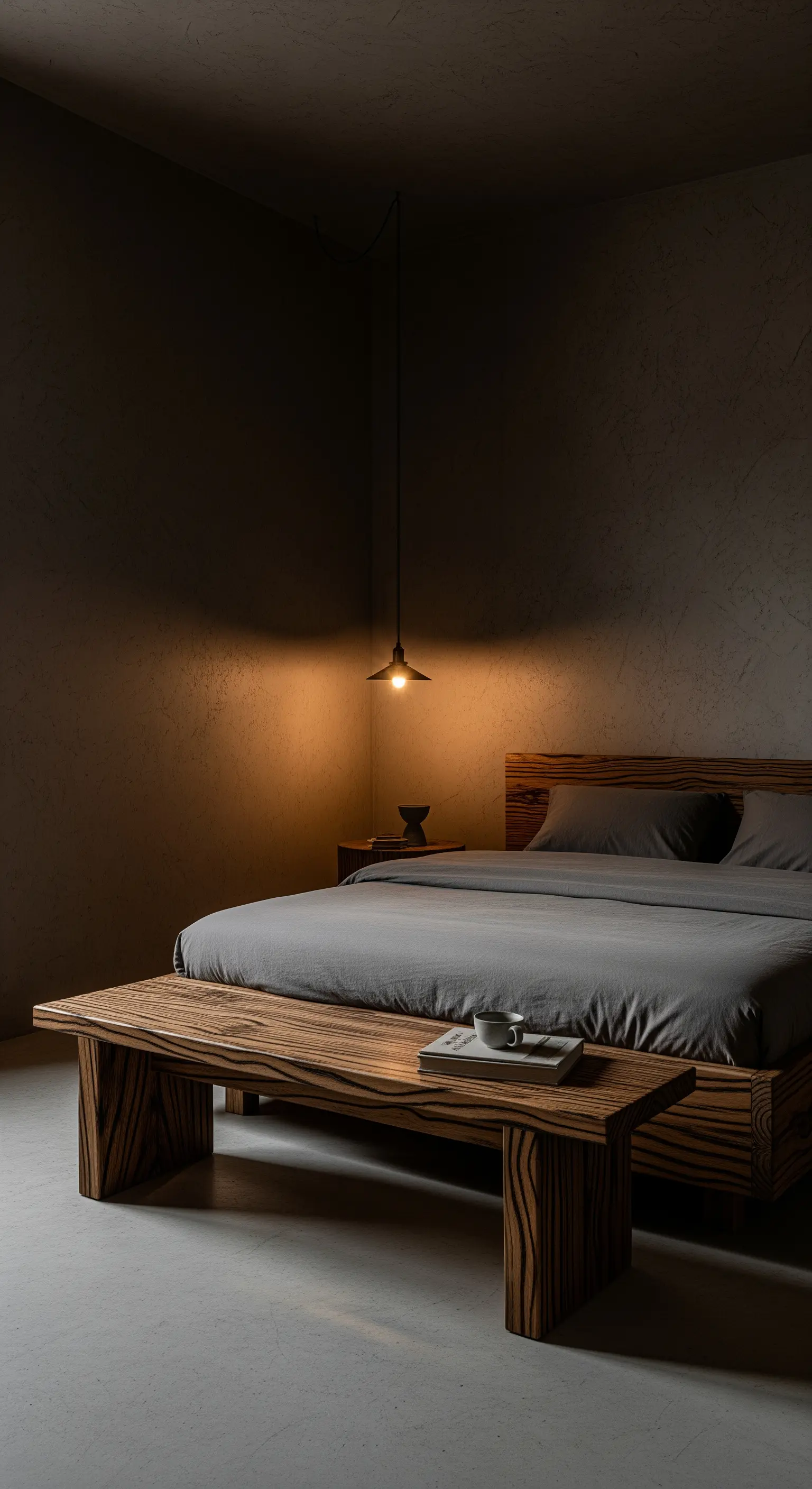 Minimalistisches Wabi-Sabi-Schlafzimmer mit Holzbett und einer einzigen Hängelampe.