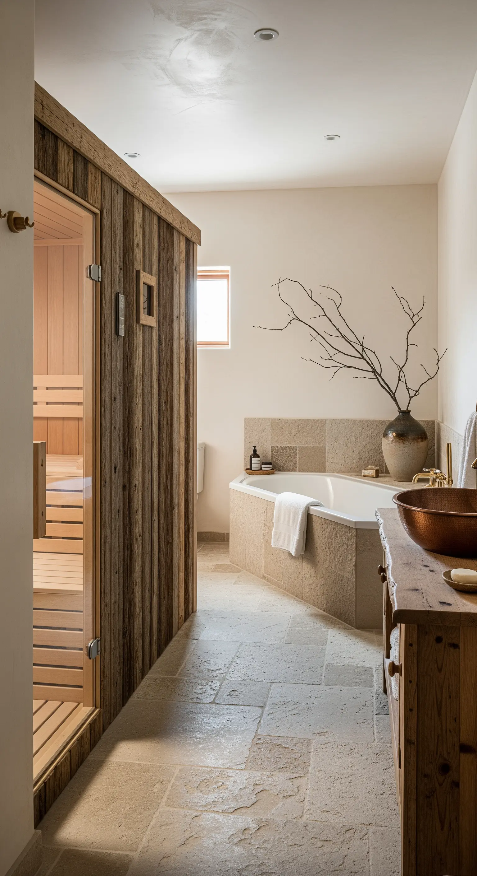 Rustikales Bad mit Altholz-Sauna und Natursteinboden im Wabi-Sabi-Stil.