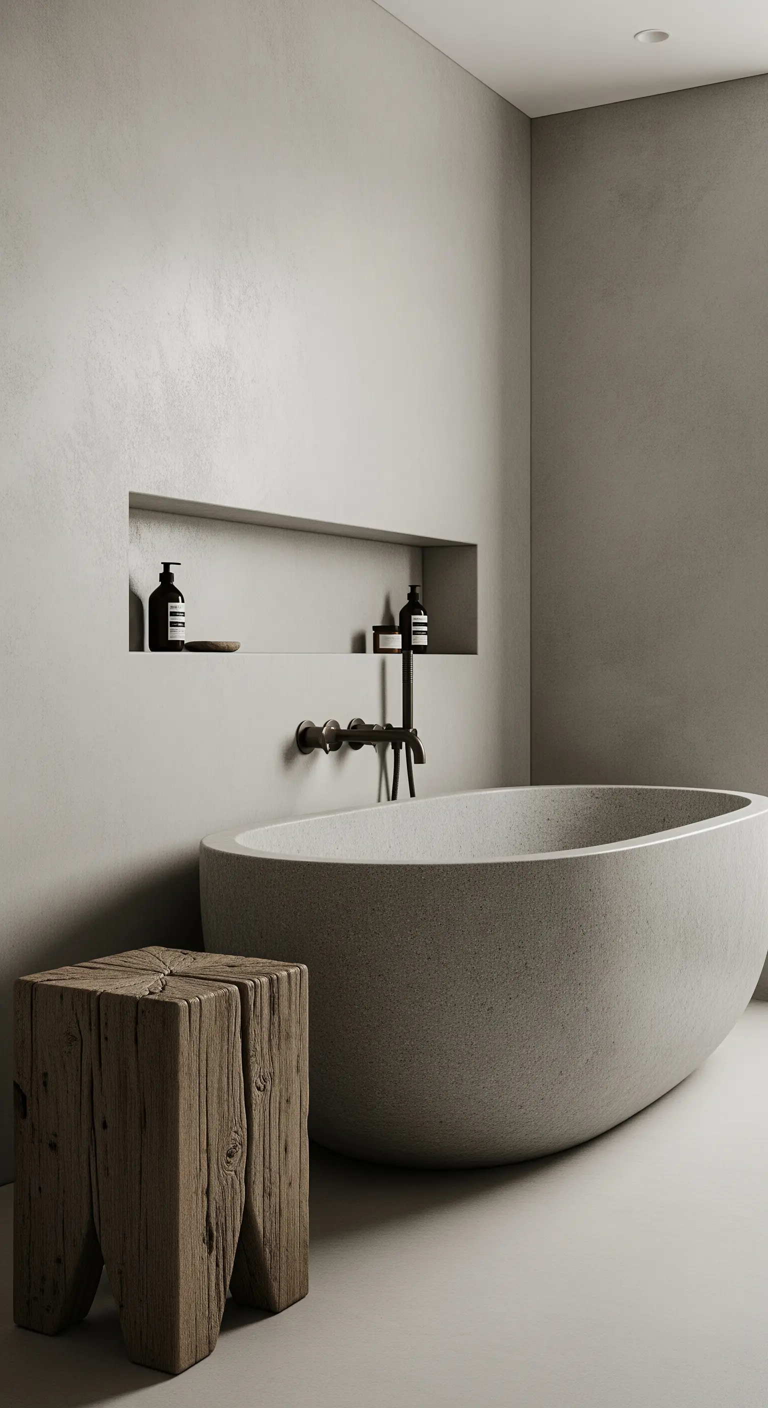 Minimalistische Badewanne aus Betonverbundstoff neben einem rustikalen Holzhocker in einem beigen Raum.