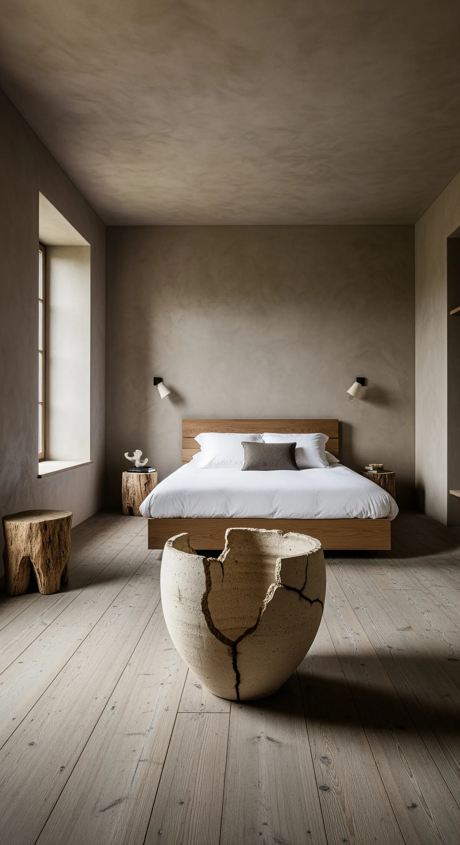 Große, gebrochene Keramikvase als Bodenskulptur in einem Wabi-Sabi-Schlafzimmer.