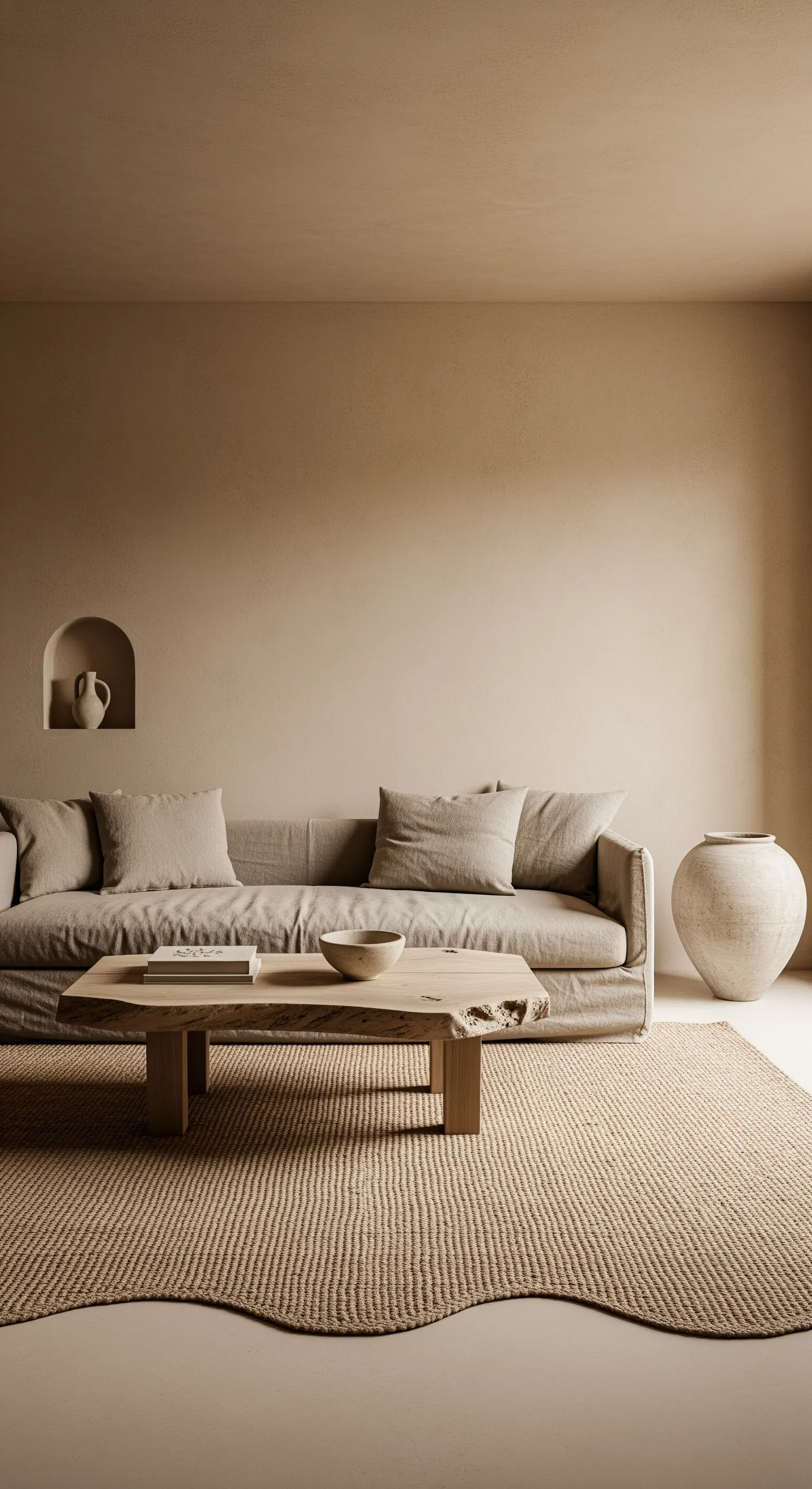 Wabi-Sabi-Wohnzimmer mit niedrigem Sofa, Holztisch und großer Keramikvase.