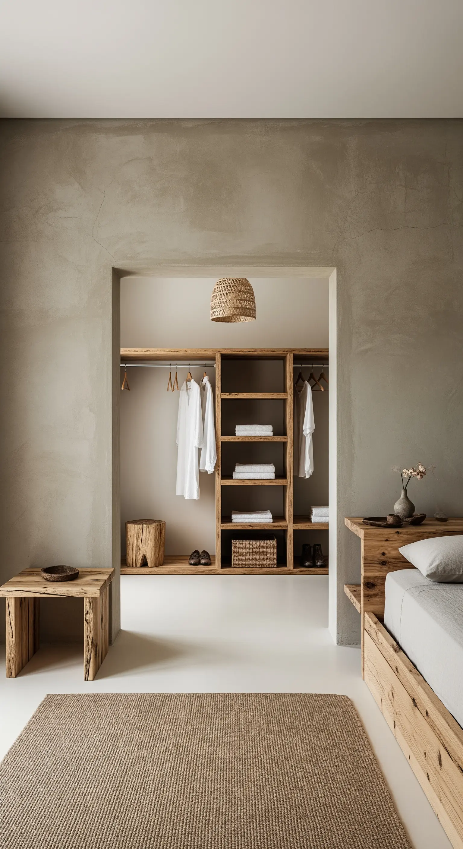 Wabi-Sabi-Schlafzimmer mit Kalkputzwänden und einem offenen Ankleidebereich aus rohem Holz