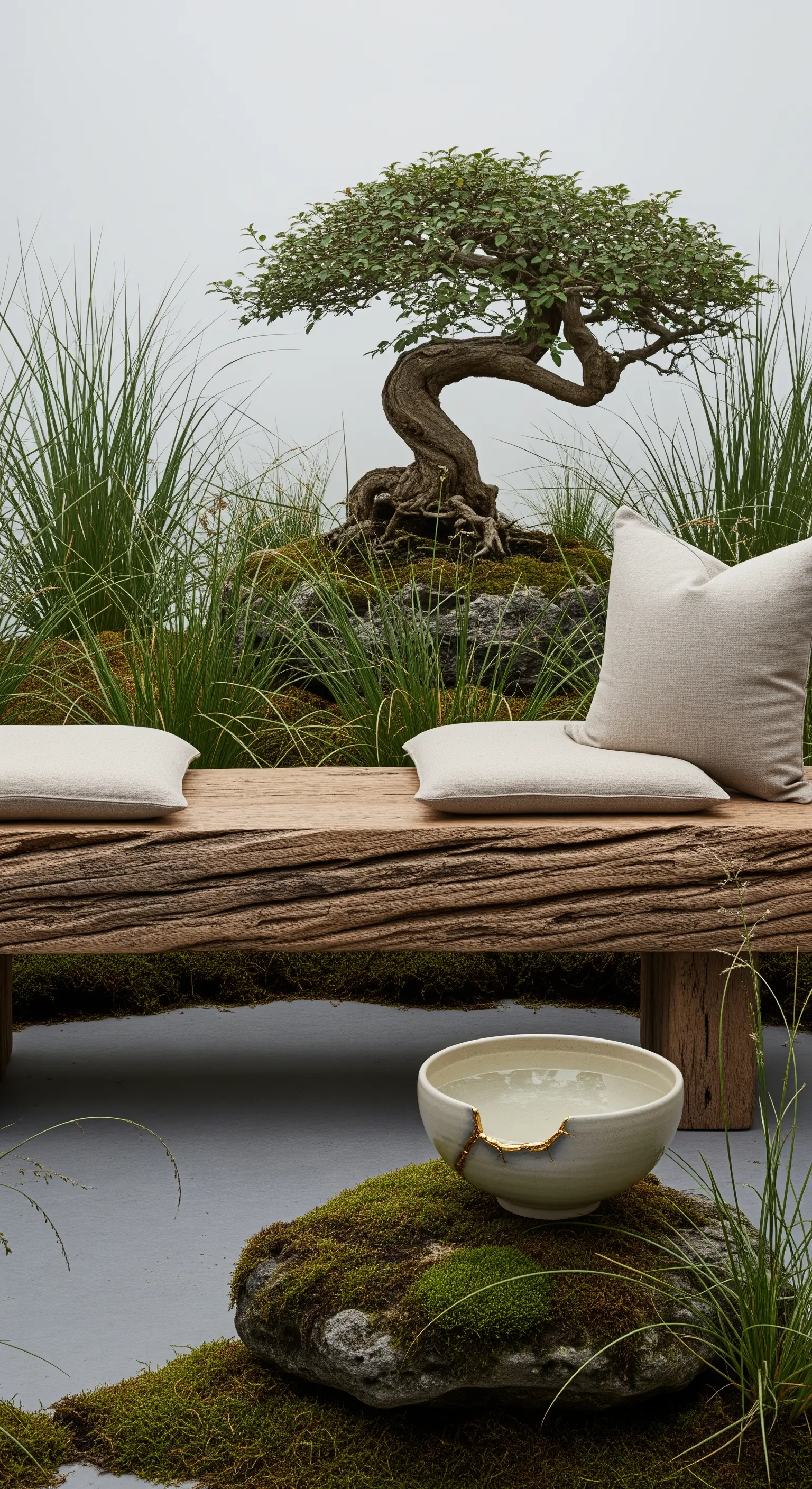 Wabi-Sabi Teeecke mit alter Holzbank, Moos, Gräsern und Bonsai-Baum