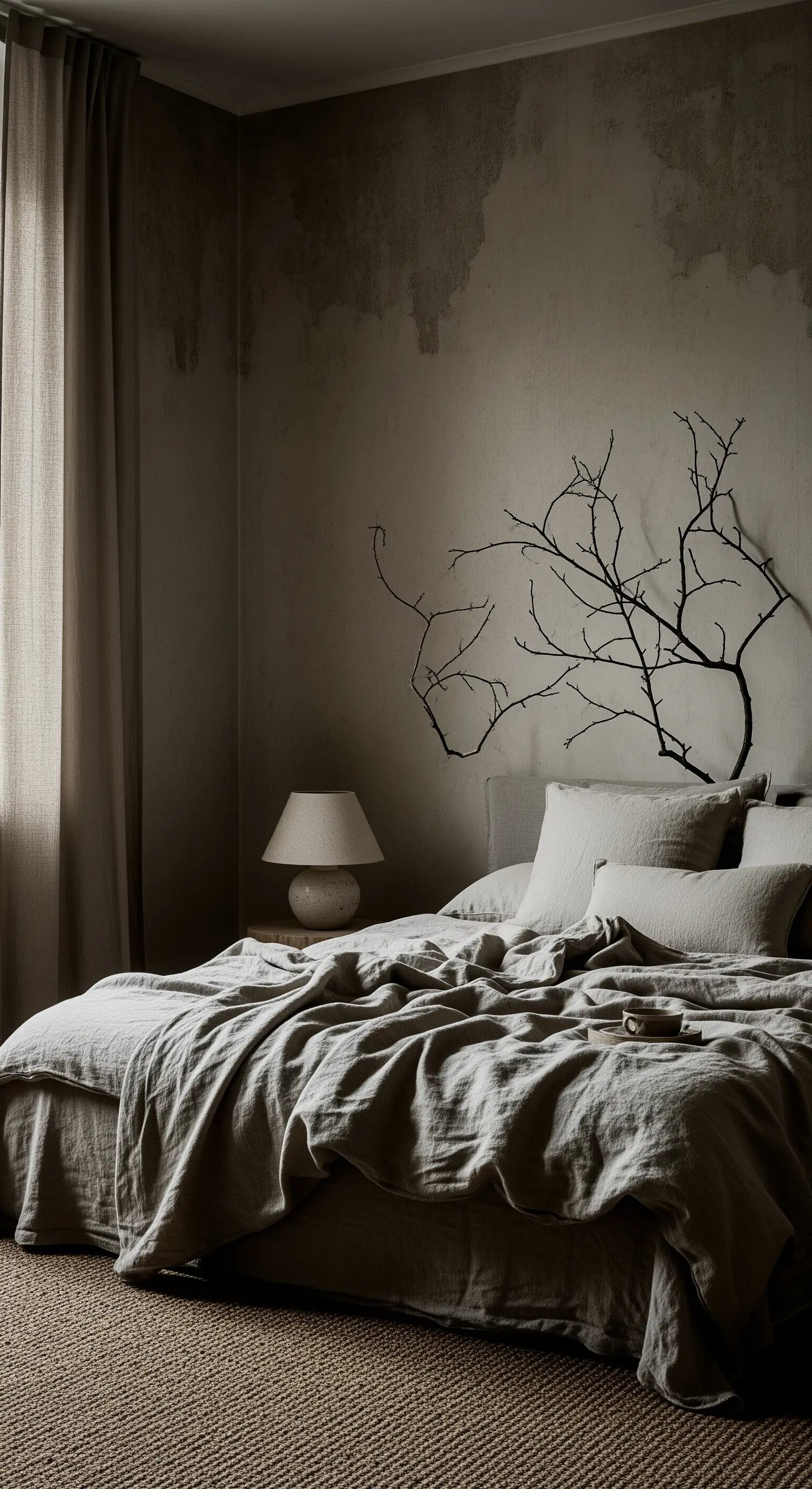 Minimalistisches Wabi-Sabi-Schlafzimmer mit grauer Beton-Optik-Tapete und Leinenbettwäsche.