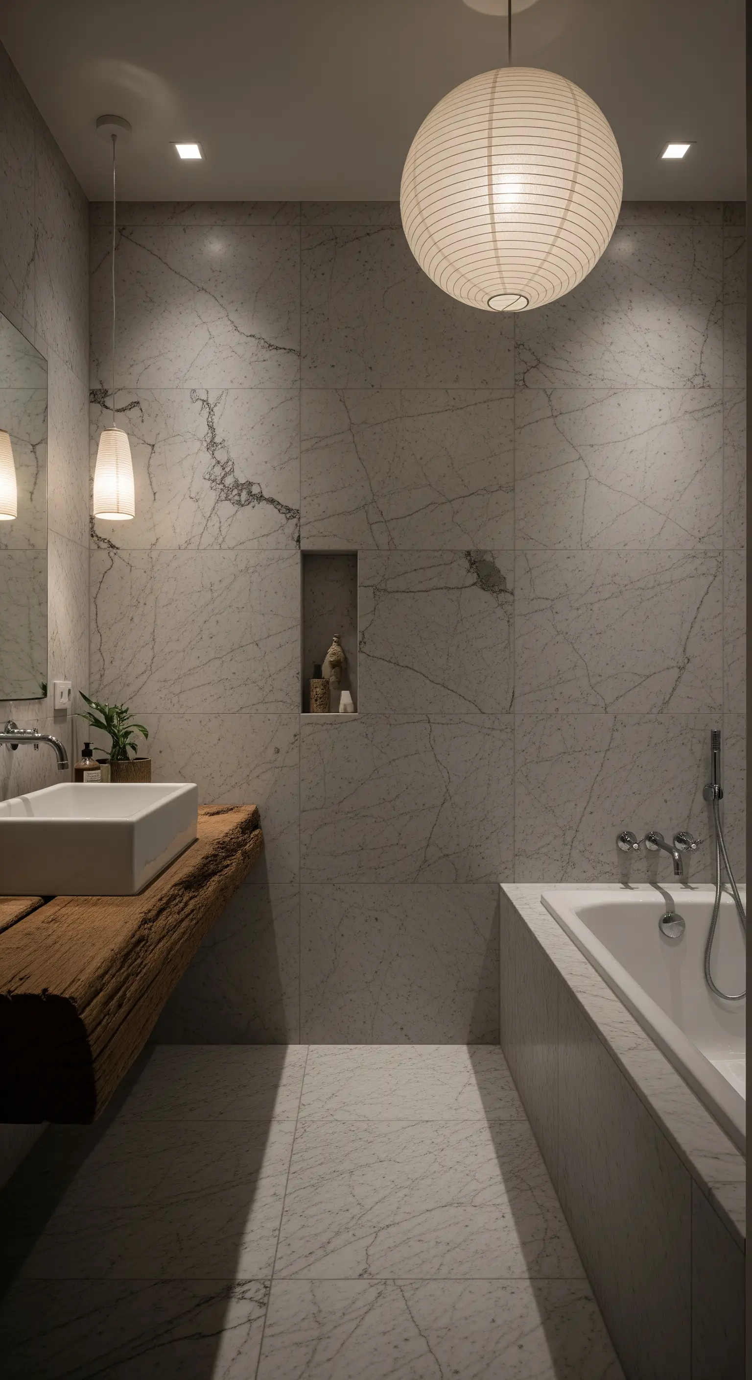 Badezimmer im Wabi-Sabi-Stil mit Holzwashbecken und japanischen Papierlaternen.
