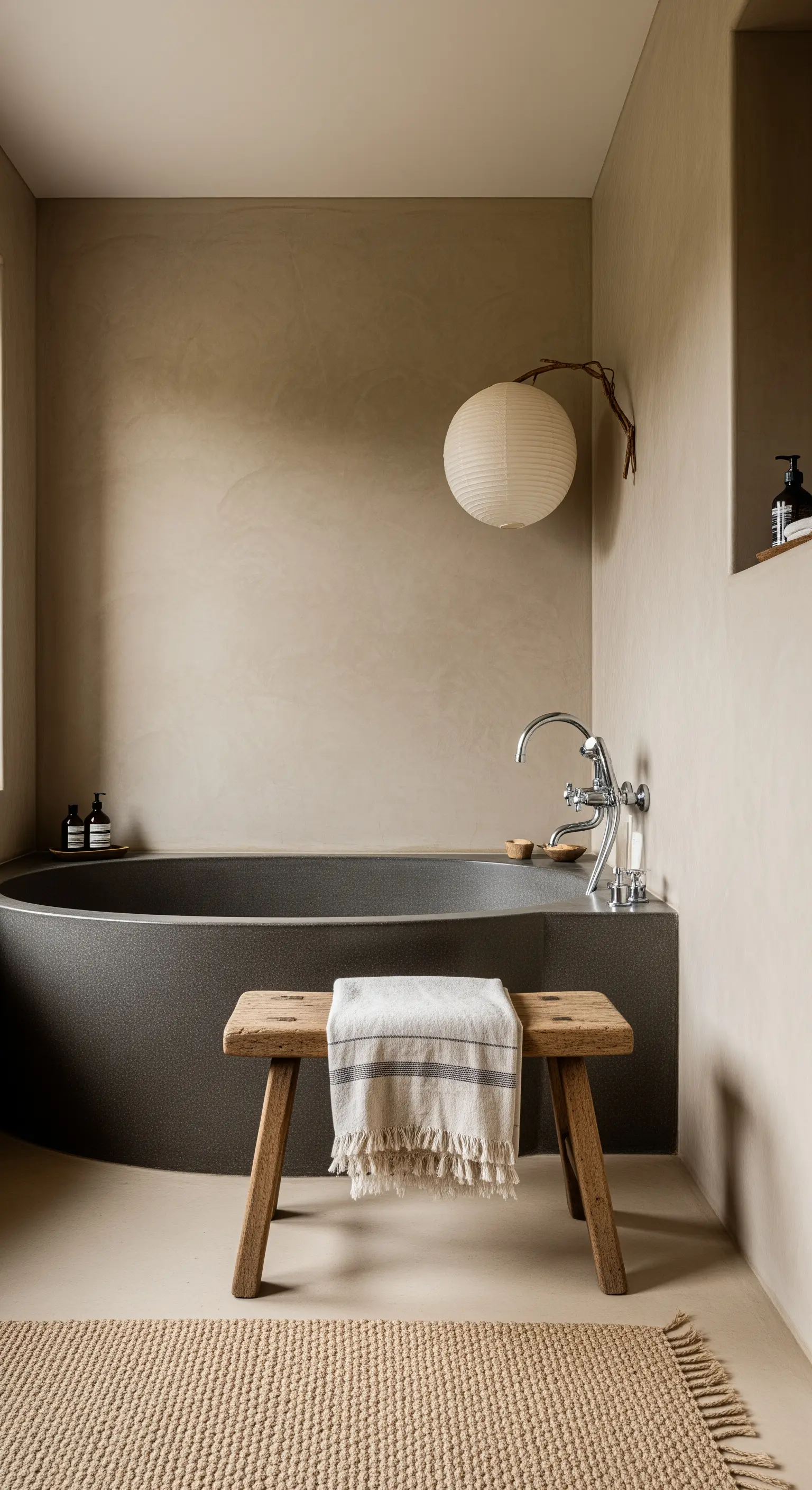Rustikaler Holzhocker mit einem Leinenhandtuch in einem minimalistischen Japandi-Badezimmer.