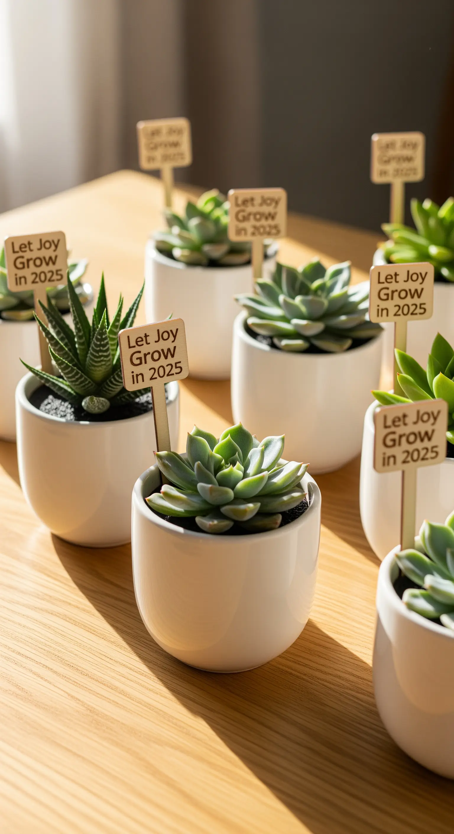 Weiße Töpfe mit Sukkulenten und Holzsteckern