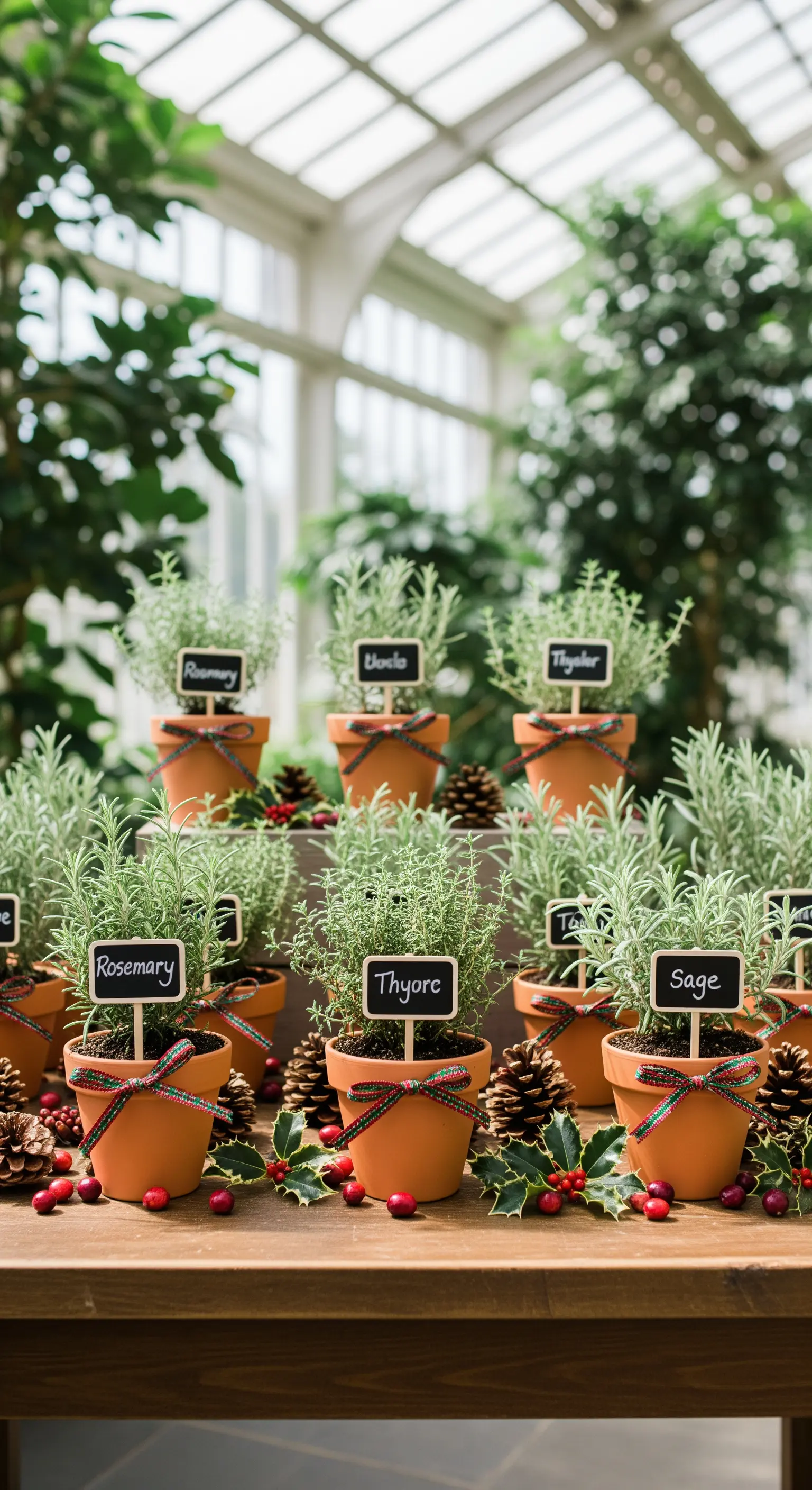 Kräutertöpfe (Rosmarin, Thymian, Salbei) mit karierten Bändern und Schildern, dekoriert mit Tannenzapfen und Beeren.