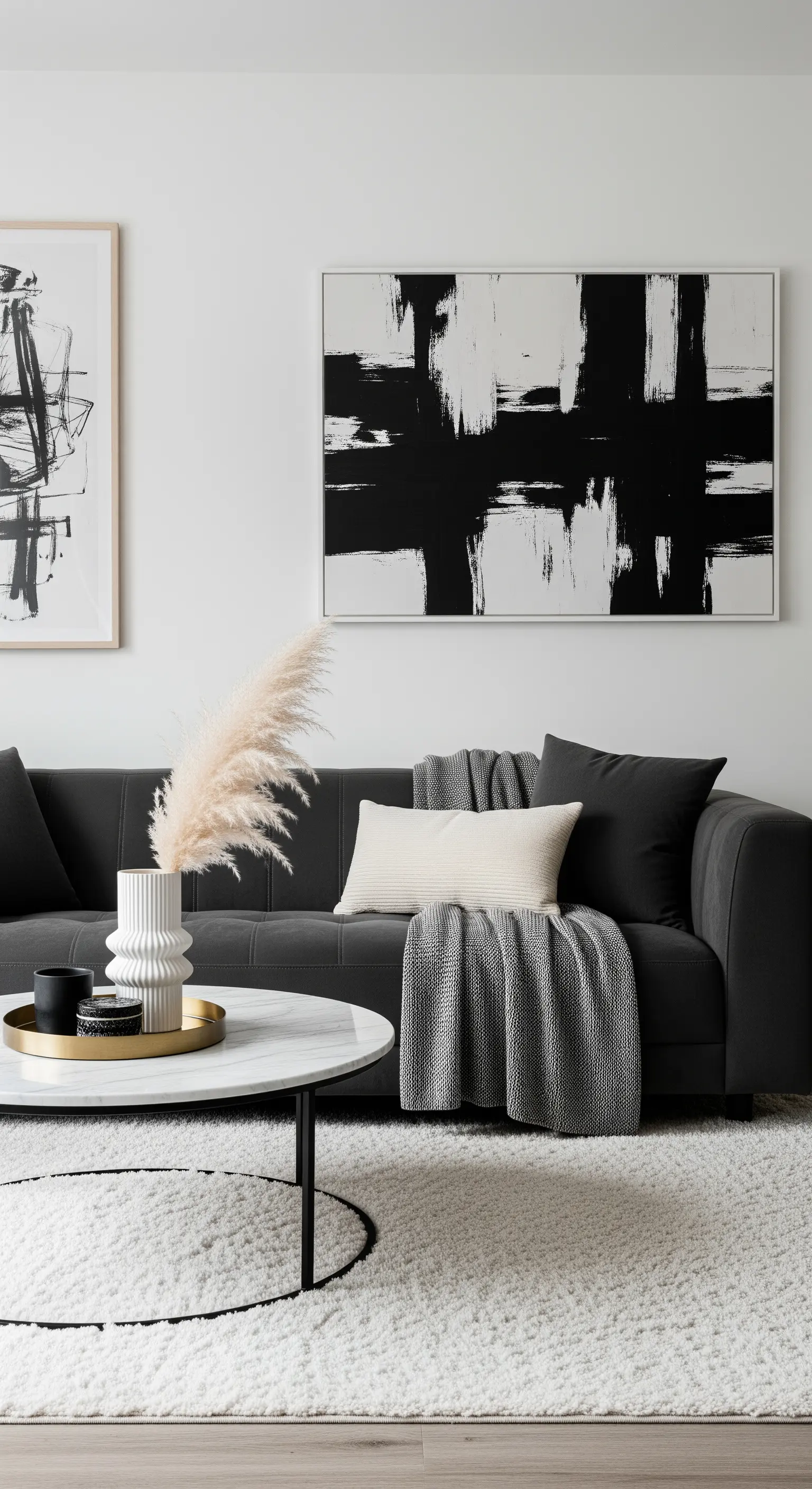 Dunkelgraues Sofa mit Decken und Kissen vor einem großen schwarz-weißen abstrakten Bild