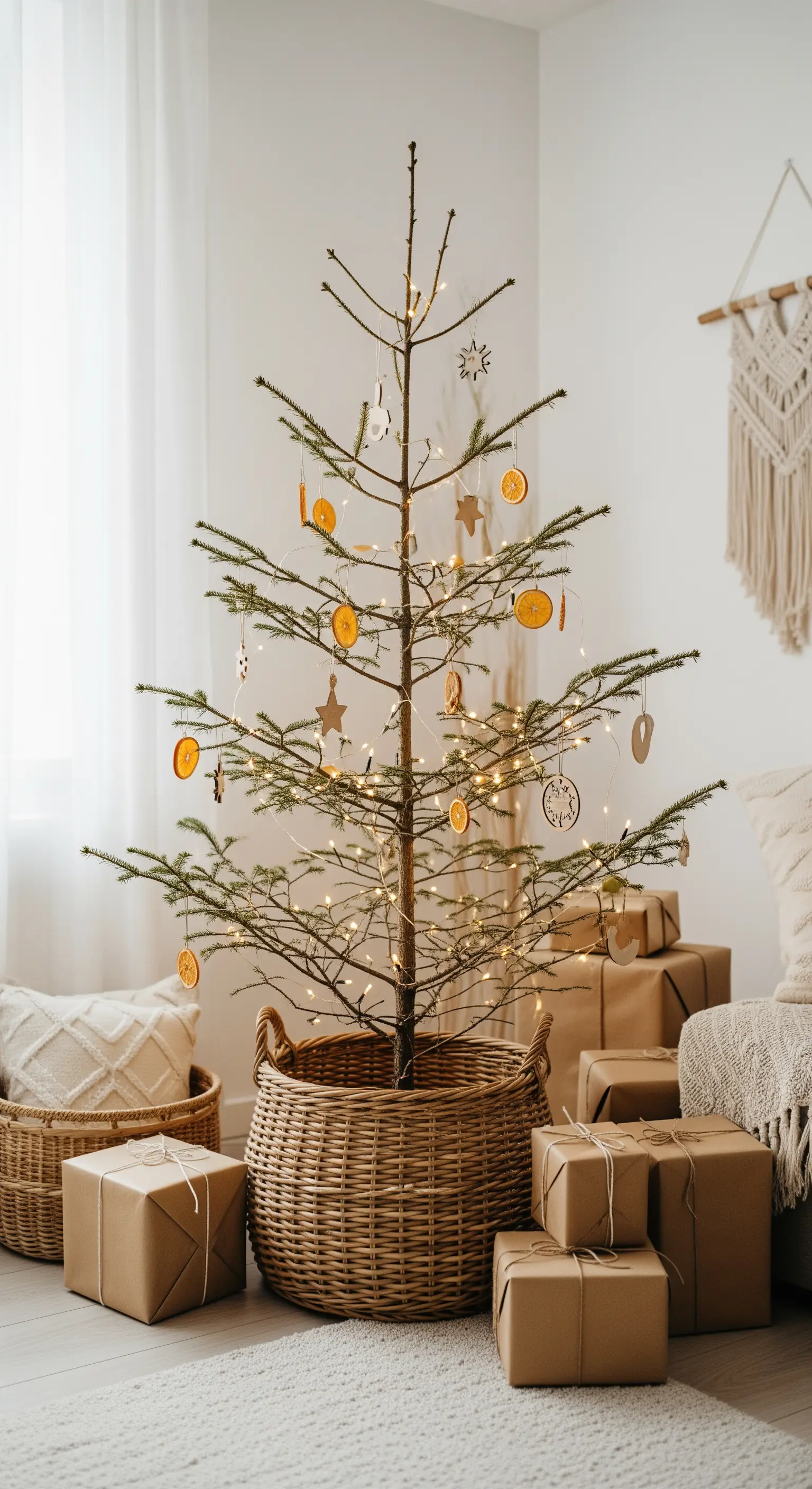 Ein sparsam geschmückter Weihnachtsbaum in einem Korb mit natürlichen Ornamenten wie Orangenscheiben
