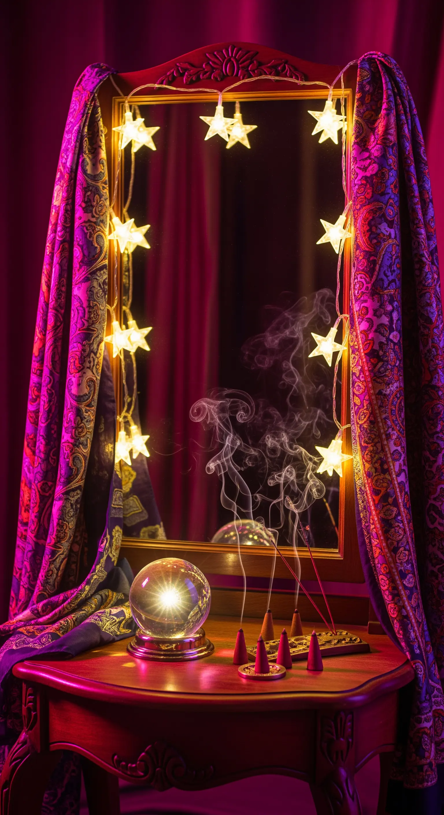Vintage-Spiegel mit Sternenlichterkette, Samtvorhängen und Wahrsagetisch mit Kristallkugel