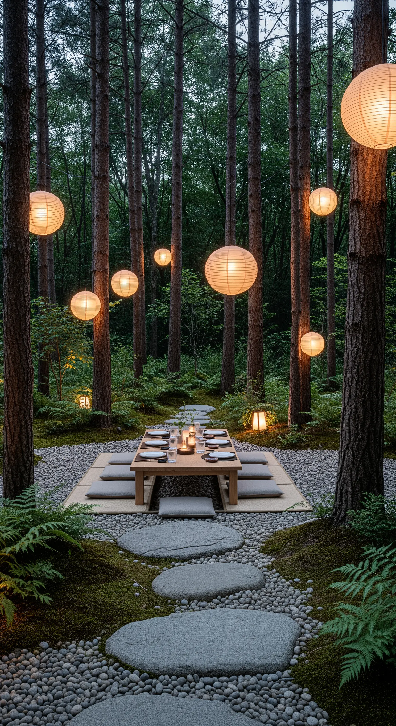 Wald-Dinner, Papierlaternen, niedriger Tisch, Moos