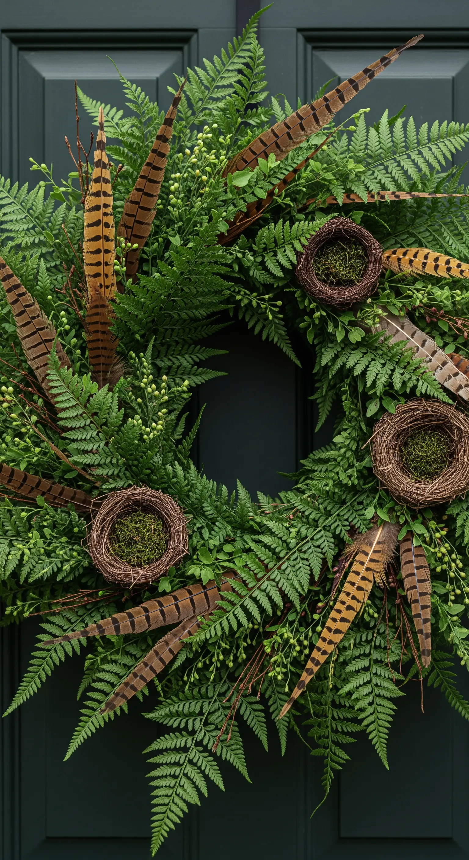 Kranz aus Farn und verschiedenen Grünpflanzen, verziert mit Fasernfedern und kleinen Nestern.