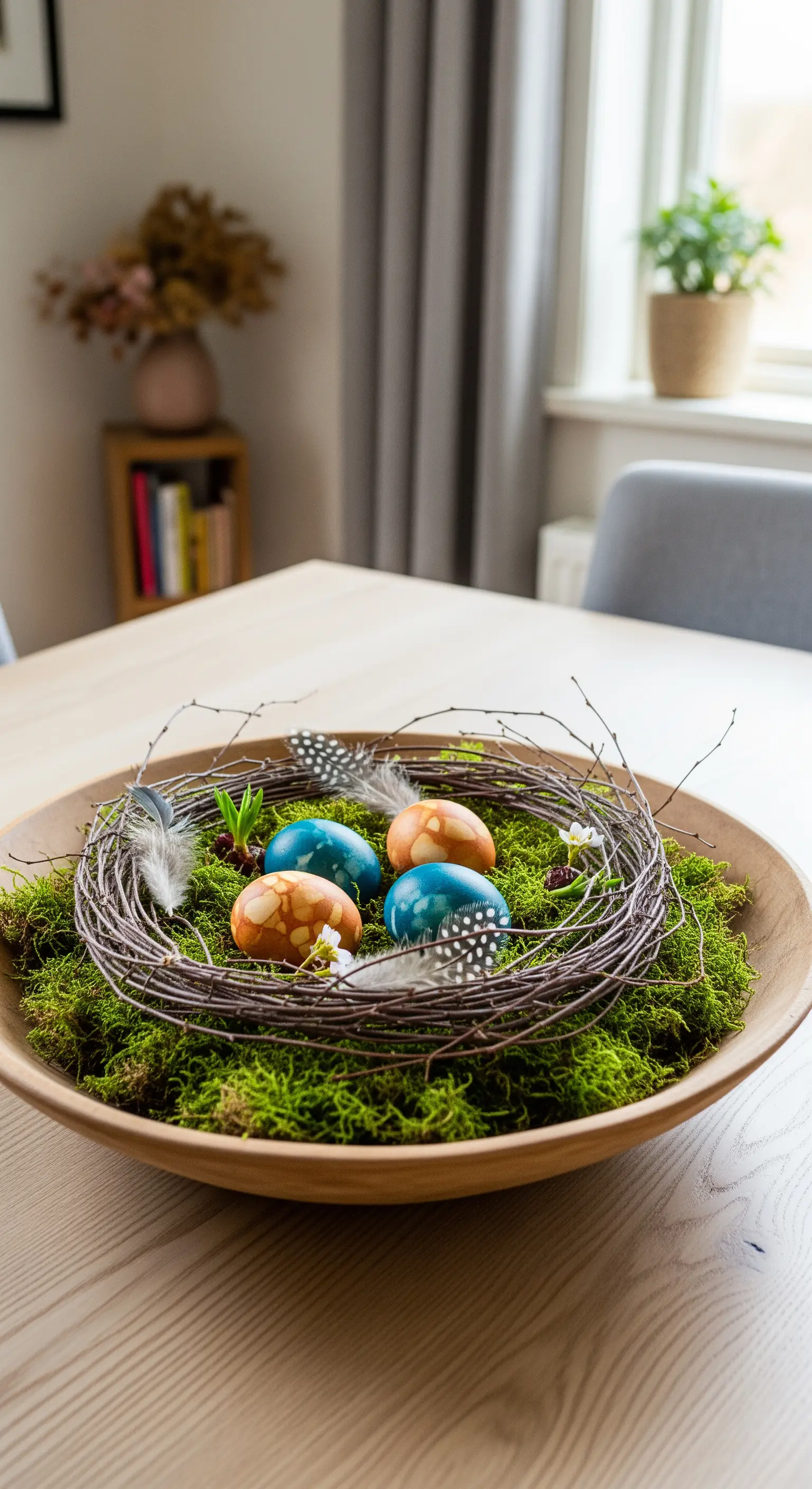 Natürliches Osternest aus Moos und Zweigen in einer Holzschale als Tischdeko.