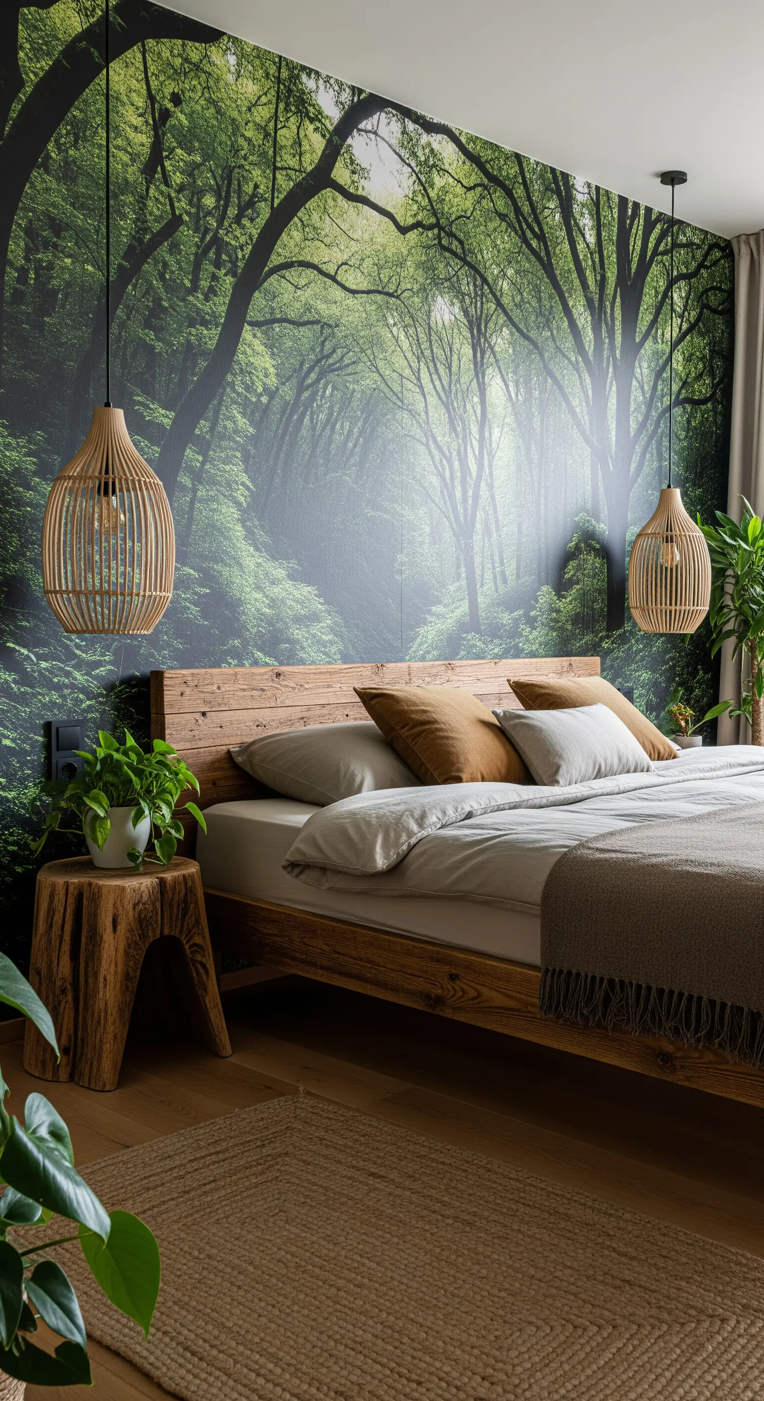 Schlafzimmer mit einer immersiven Wald-Fototapete und Möbeln aus Naturholz.