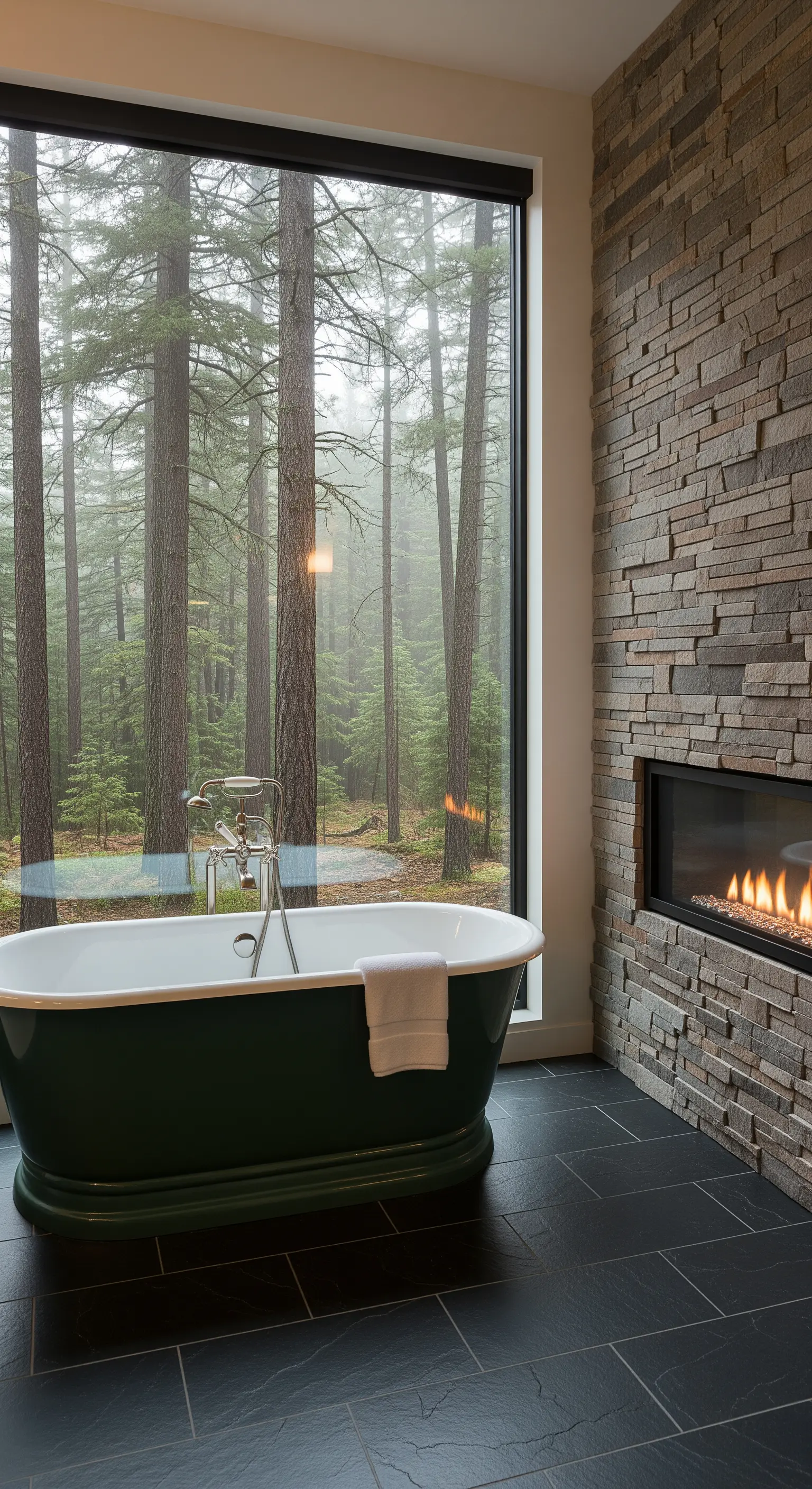 Dunkelgrüne Badewanne neben einem Kamin mit großem Fensterblick in einen Wald.