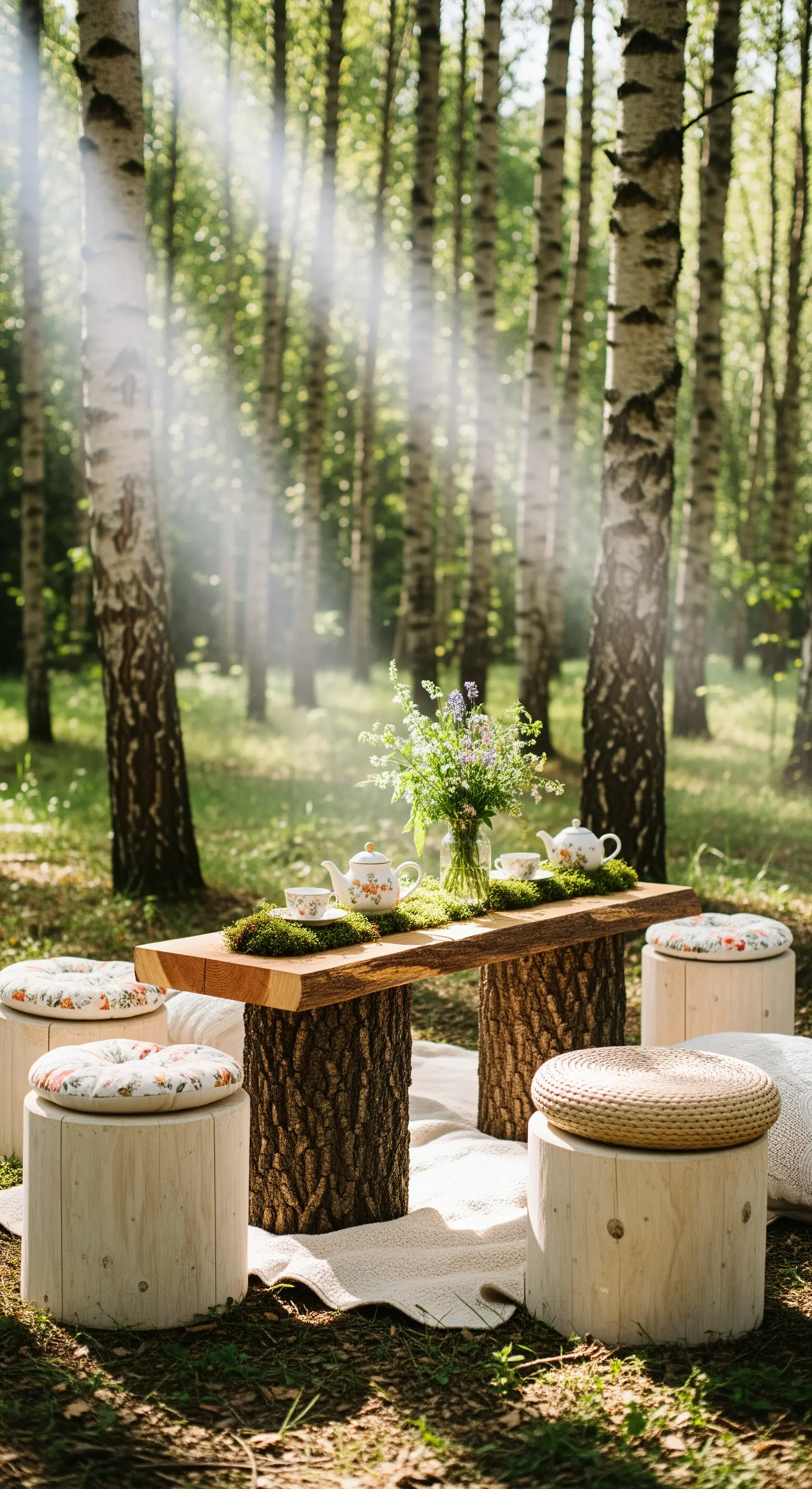 Holztisch, Baumstumpf-Sitze mit Blumenkissen in Birkenwald für Teestunde.
