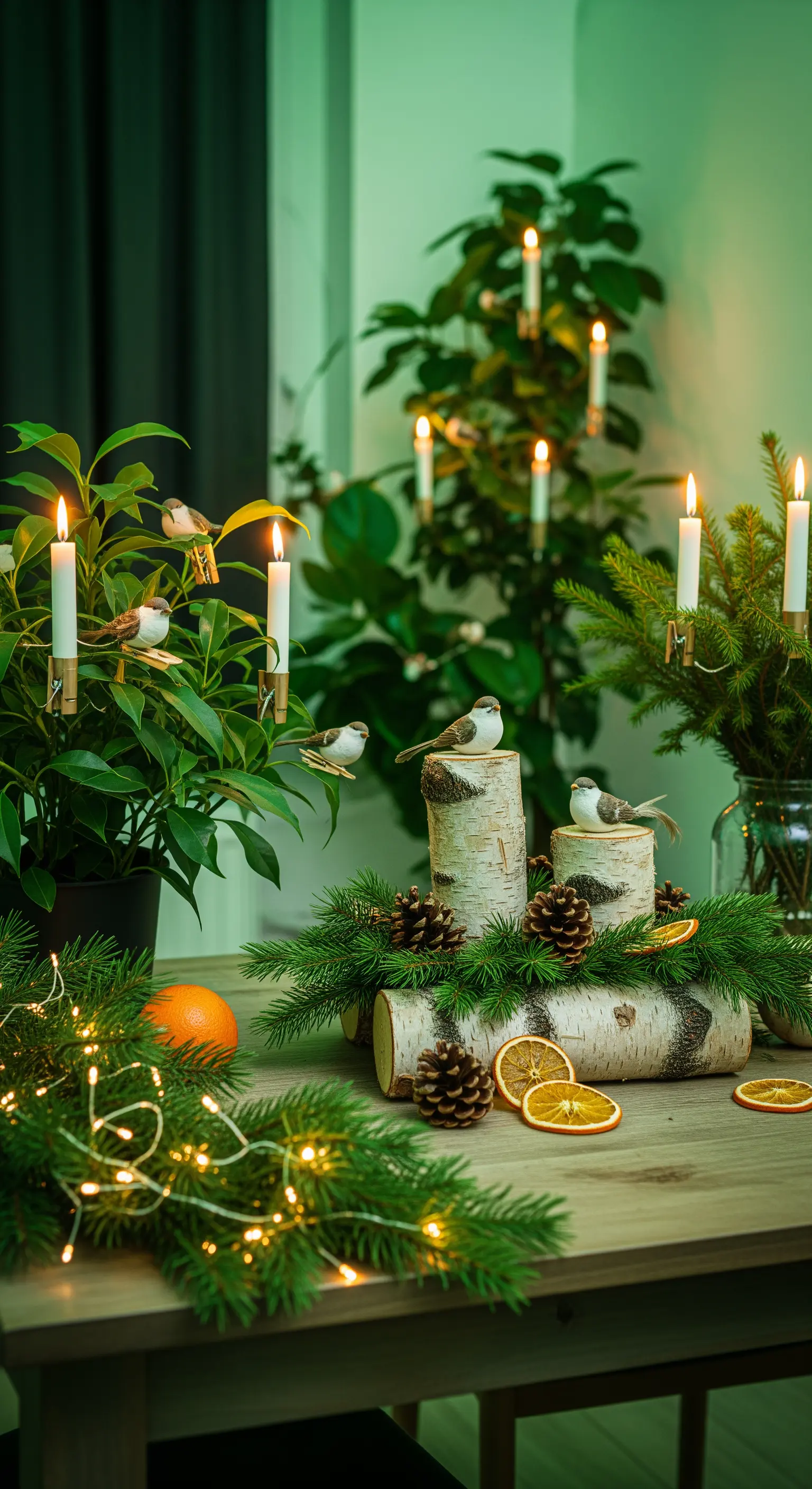 Tischdeko im Wald-Stil mit Holzscheiten, Tannenzweigen, getrockneten Orangen und Kerzenlicht.