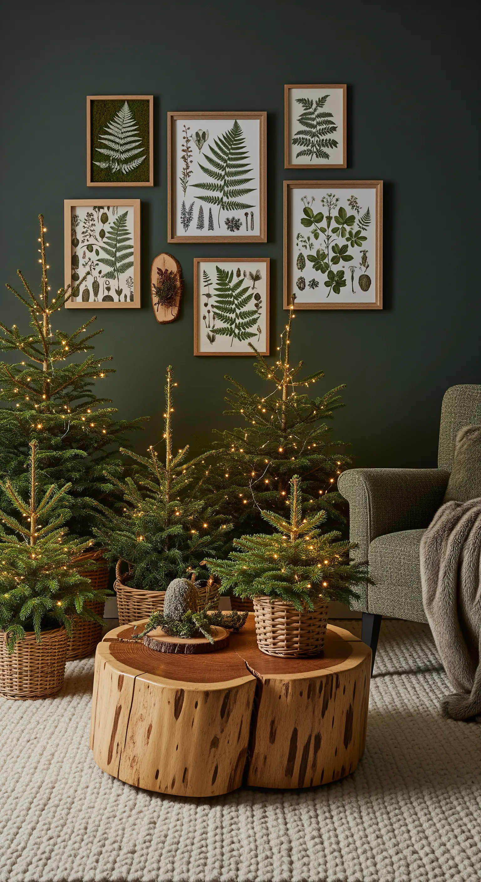 Waldgrüne Wand mit botanischen Prints, kleinen Tannenbäumen mit Lichtern und Holzstamm-Couchtisch.