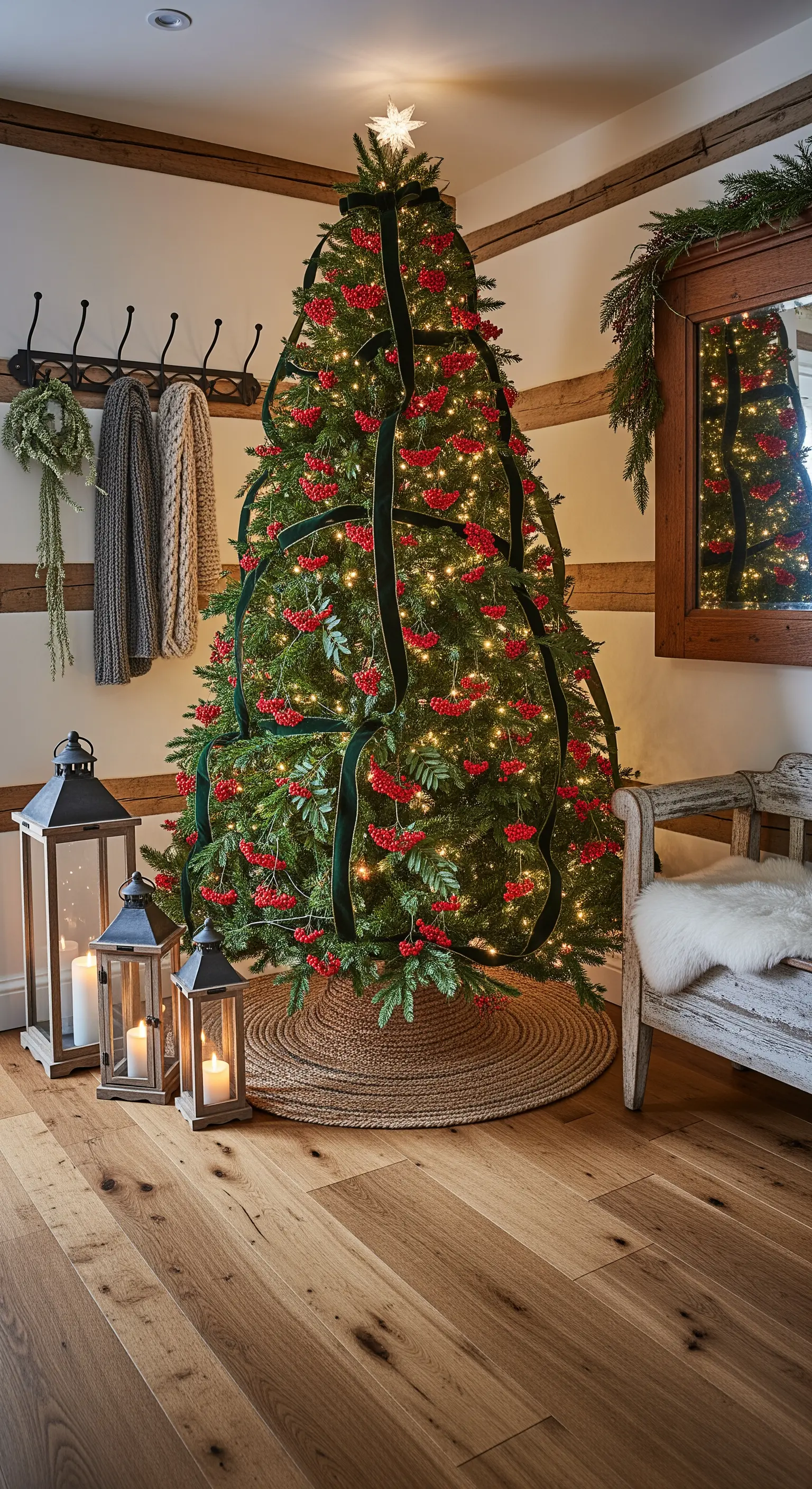 Weihnachtsbaum mit tiefgrünem Samtband, roten Waldbeeren, warmen Lichtern und dunklen Laternen.