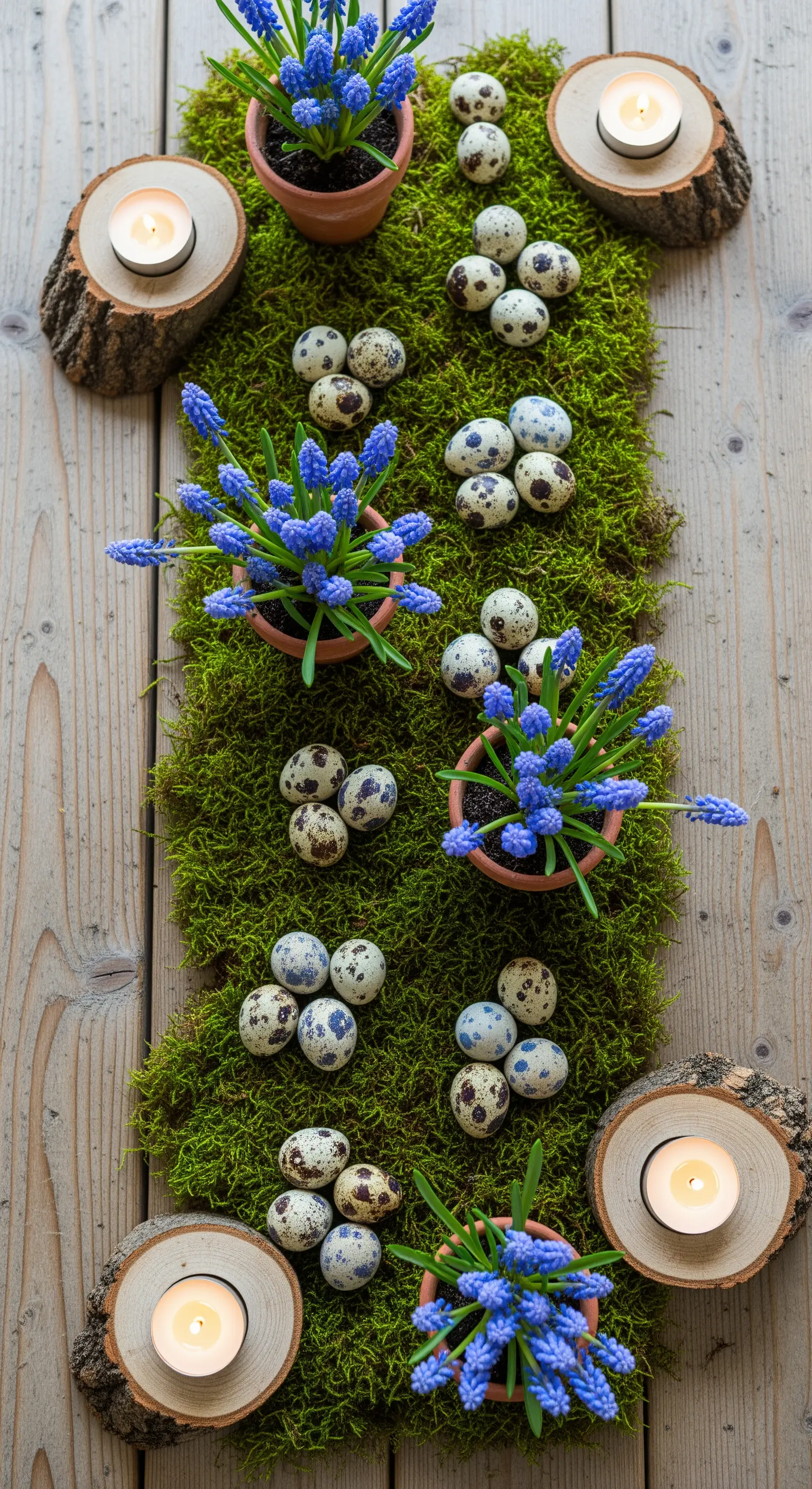 Natürliche Osterdeko: Moosläufer, Traubenhyazinthen, Wachteleier und Holzdetails